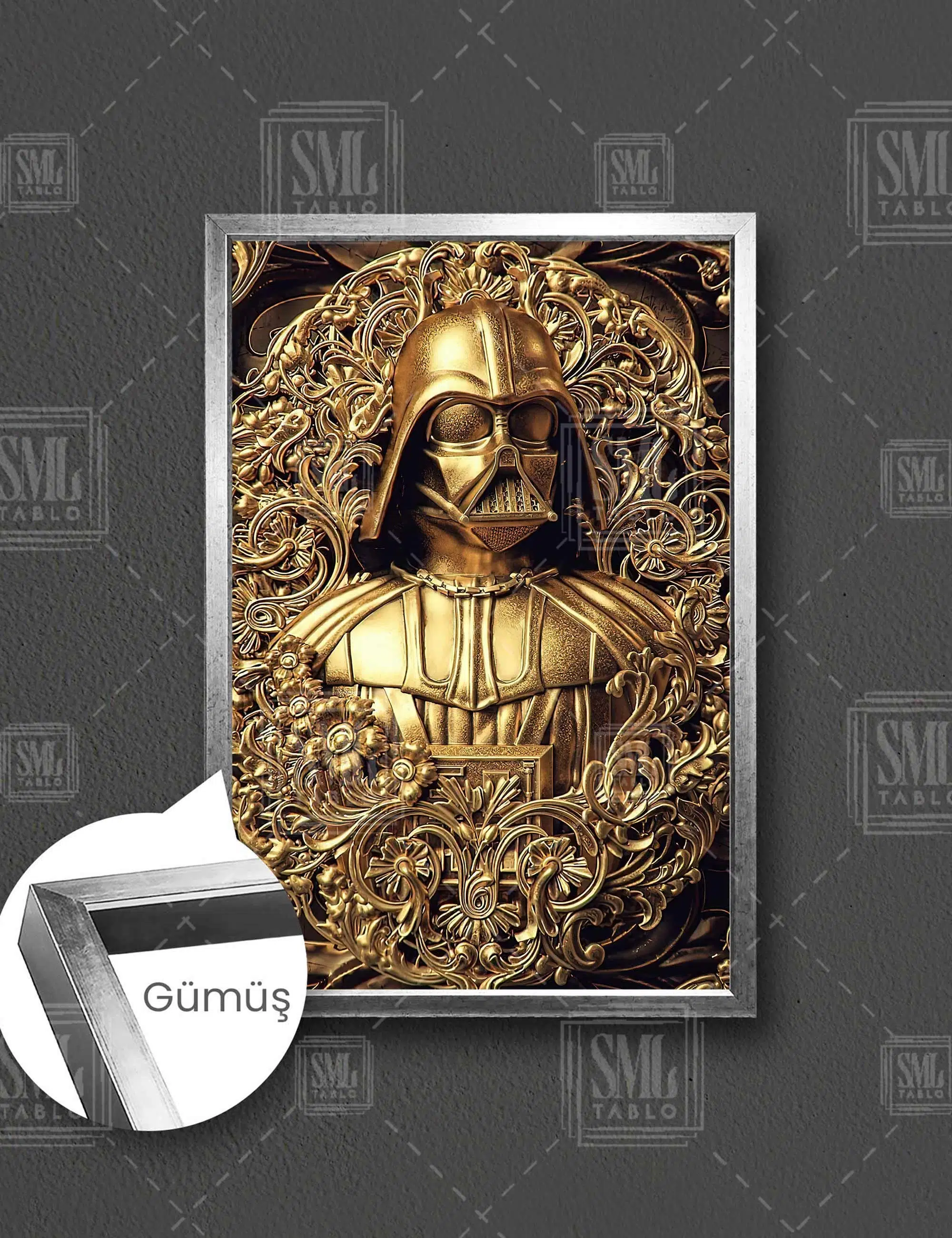 Darth Vader Star Wars Yıldız Savaşları Karalık Taraf Dark Side Altın Varaklı Çerçeve Dikey Çerçeveli Kanvas Tablo - Gümüş