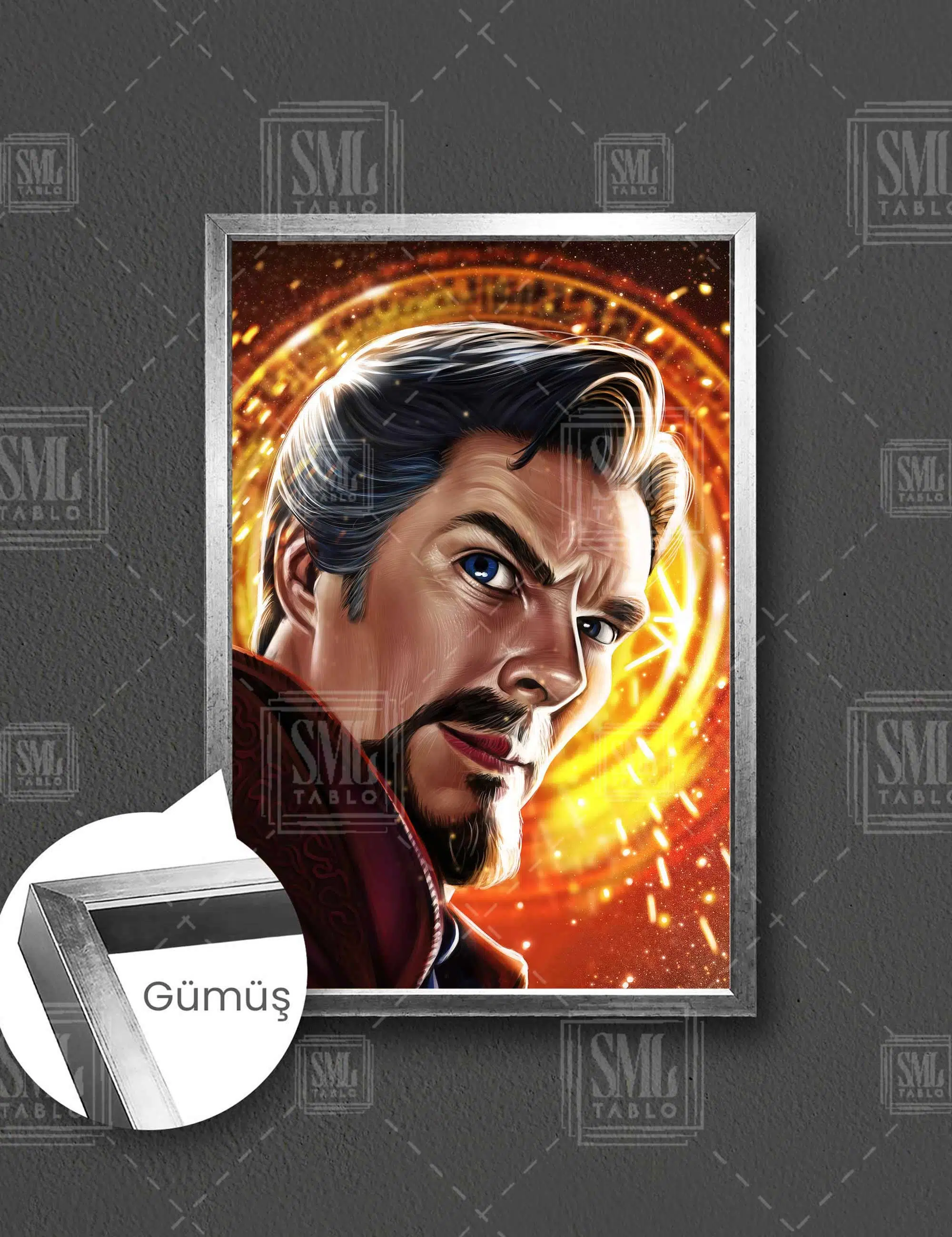 Doctor Strange Djital Çizimi Süper Kahraman Dikey Çerçeveli Kanvas Tablo - Gümüş
