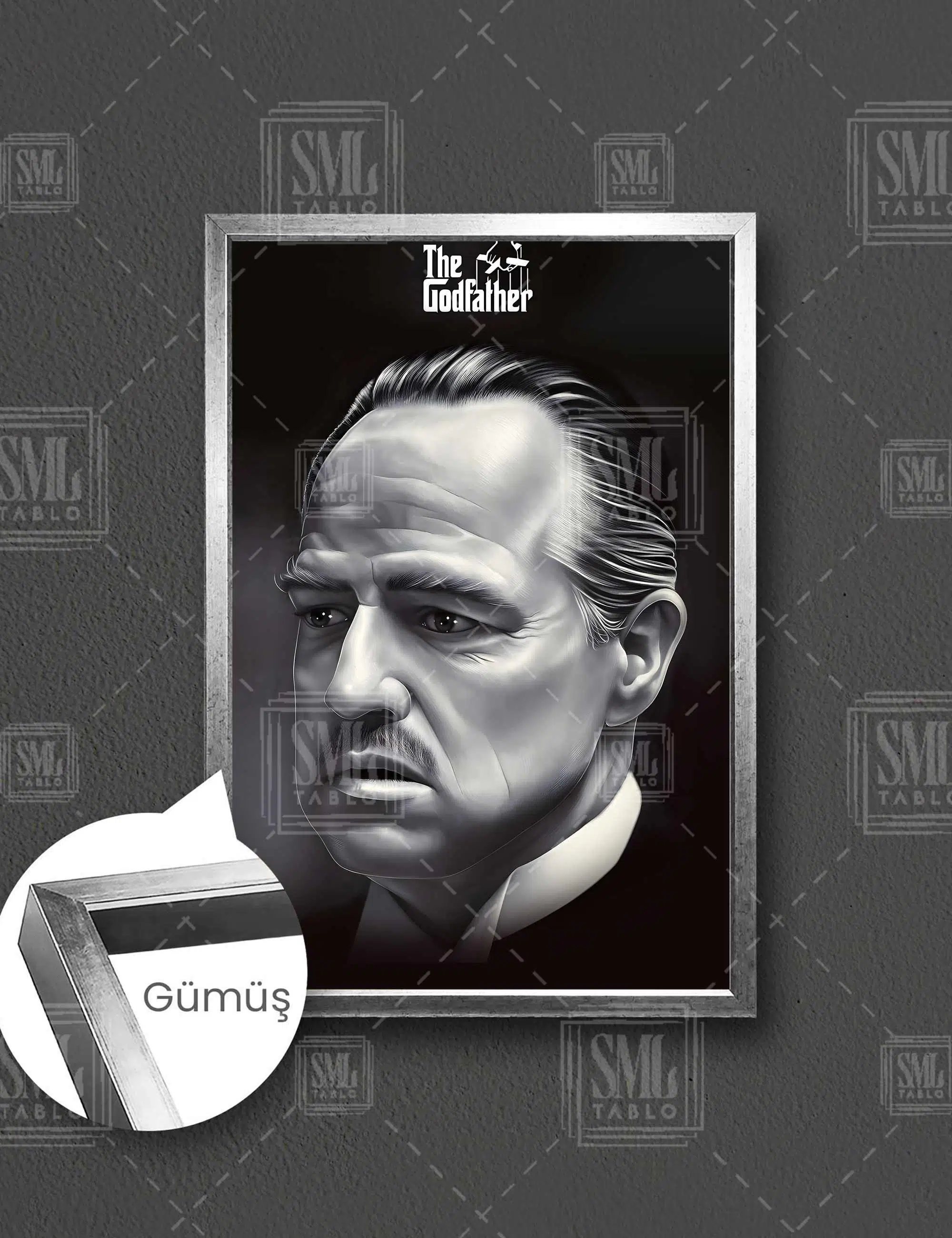 Don Carleone Godfather Baba Filmi Dijital Çizimi Art Dikey Çerçeveli Kanvas Tablo - Gümüş