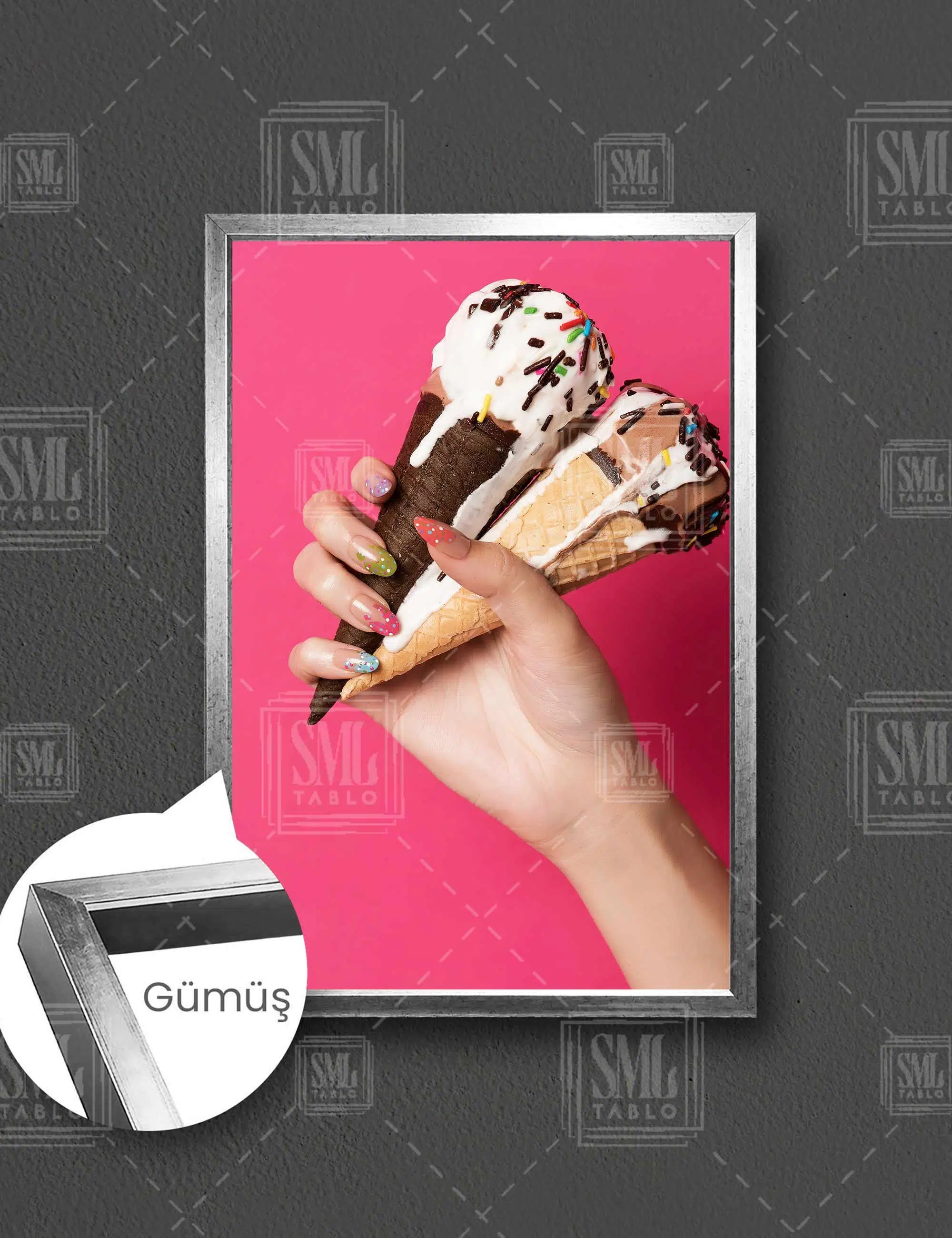 Dondurma Nail Art Tırnak Süsleme Stüdyo Dekorasyon Dikey Çerçeveli Kanvas Tablo - Gümüş