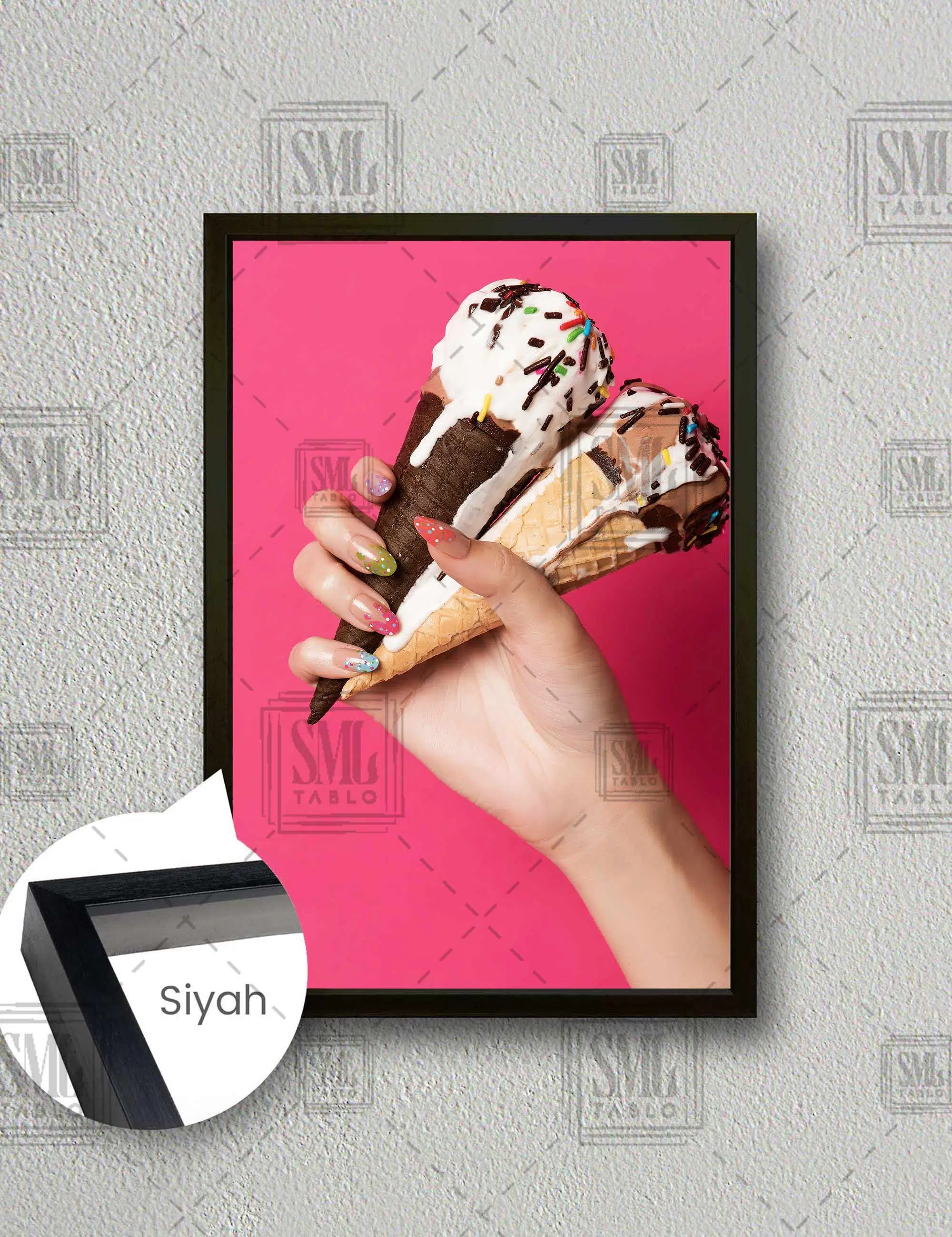 Dondurma Nail Art Tırnak Süsleme Stüdyo Dekorasyon Dikey Çerçeveli Kanvas Tablo - Siyah