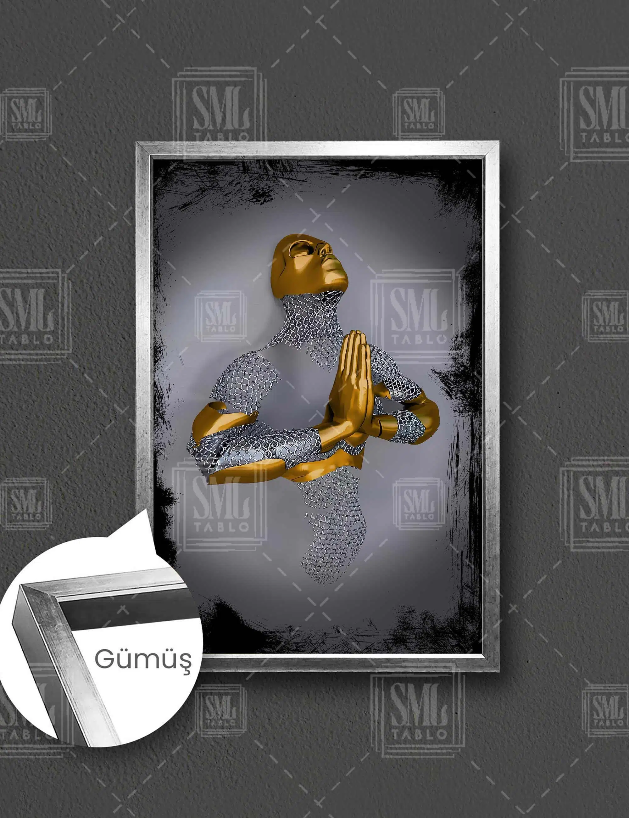 Dua Eden Gold Detaylı Çerçeve Metal Zincir Adam Dekoratif Dikey Çerçeveli Kanvas Tablo - Gümüş