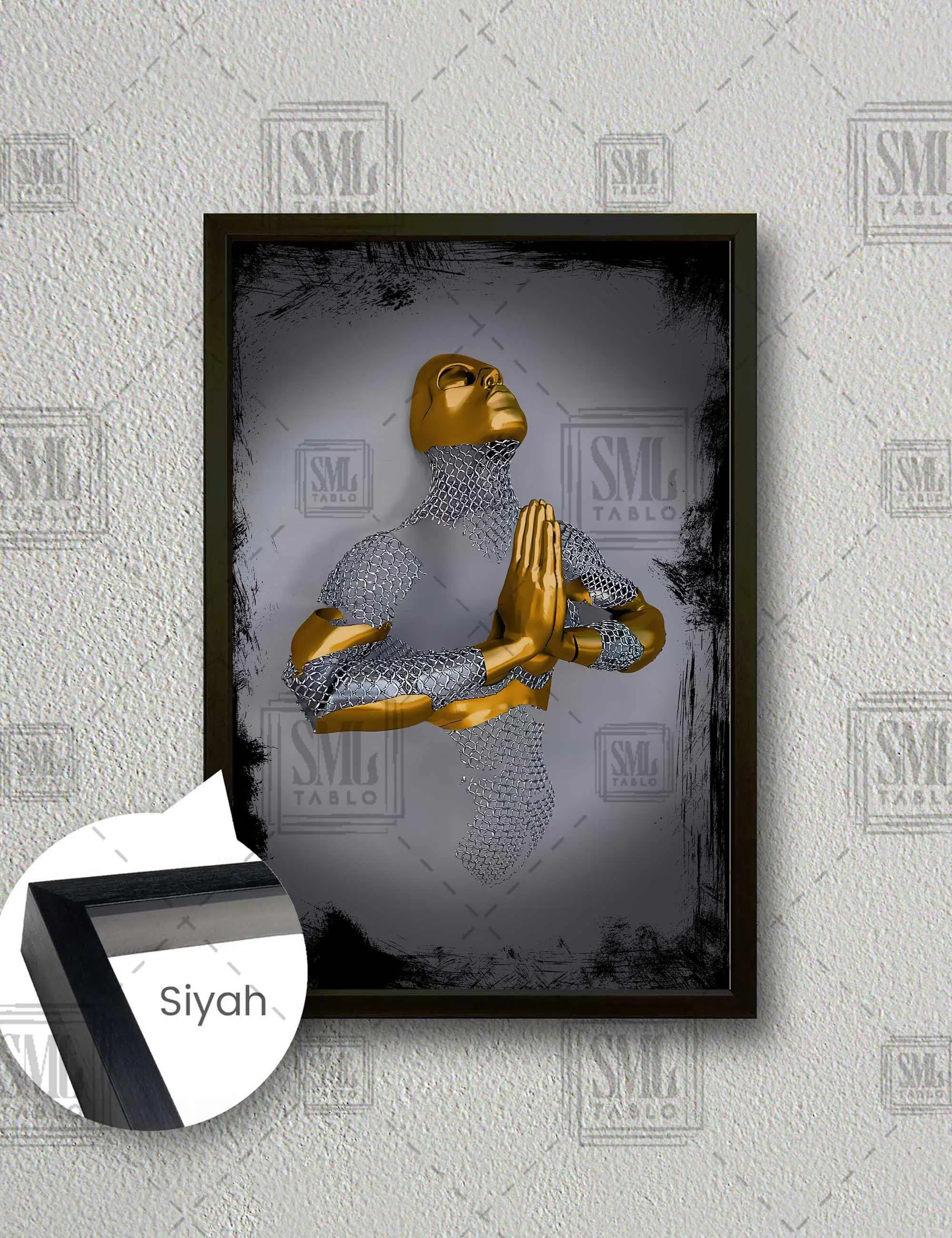 Dua Eden Gold Detaylı Çerçeve Metal Zincir Adam Dekoratif Dikey Çerçeveli Kanvas Tablo - Siyah