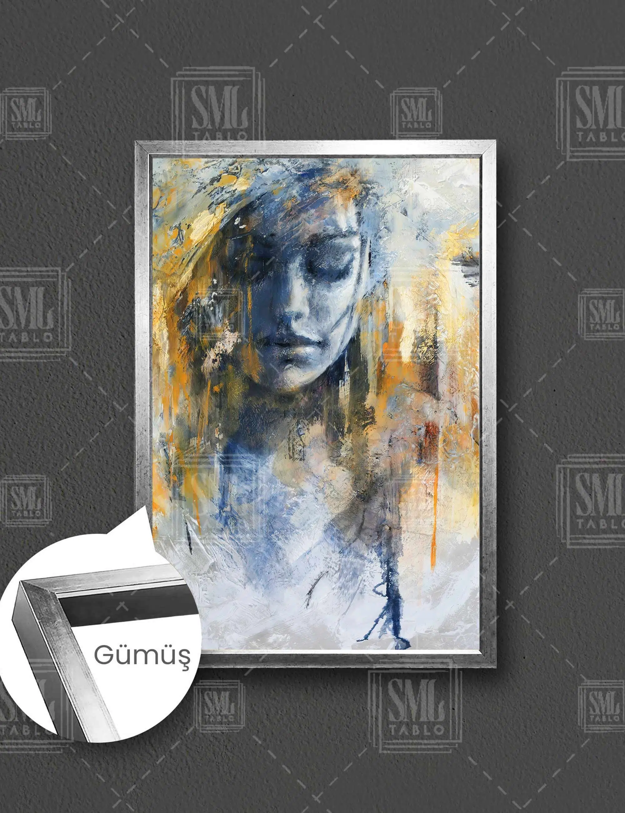Duvar Resmi Grafiti Üzgün Kadın Fırça Ve Boya İzleri Sokak Sanatı Dikey Çerçeveli Kanvas Tablo - Gümüş
