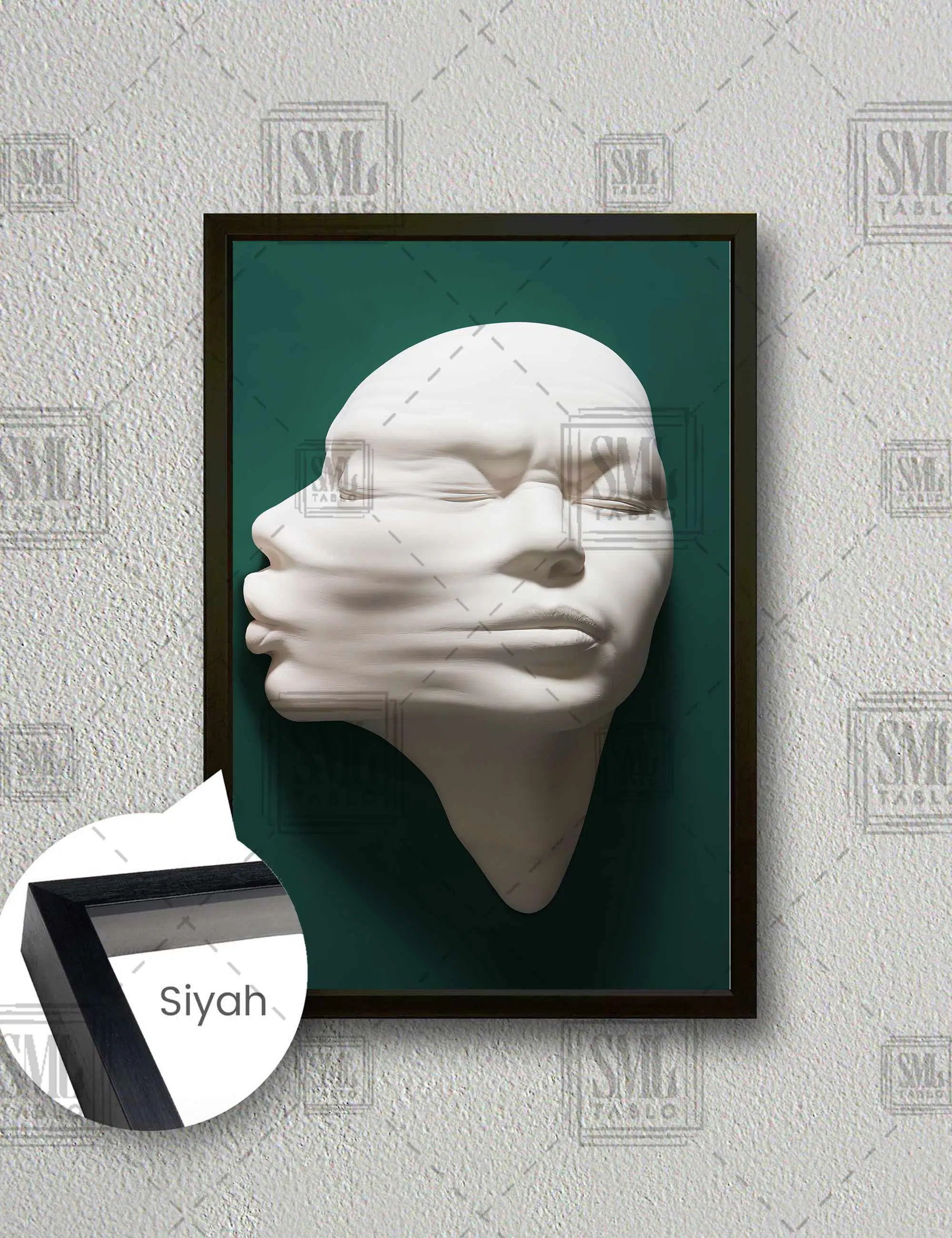 Duvardan Çıkan Alçı Görünümlü Heykel Öpüşen Romantik Çift Erkek Dikey Çerçeveli Kanvas Tablo - Siyah