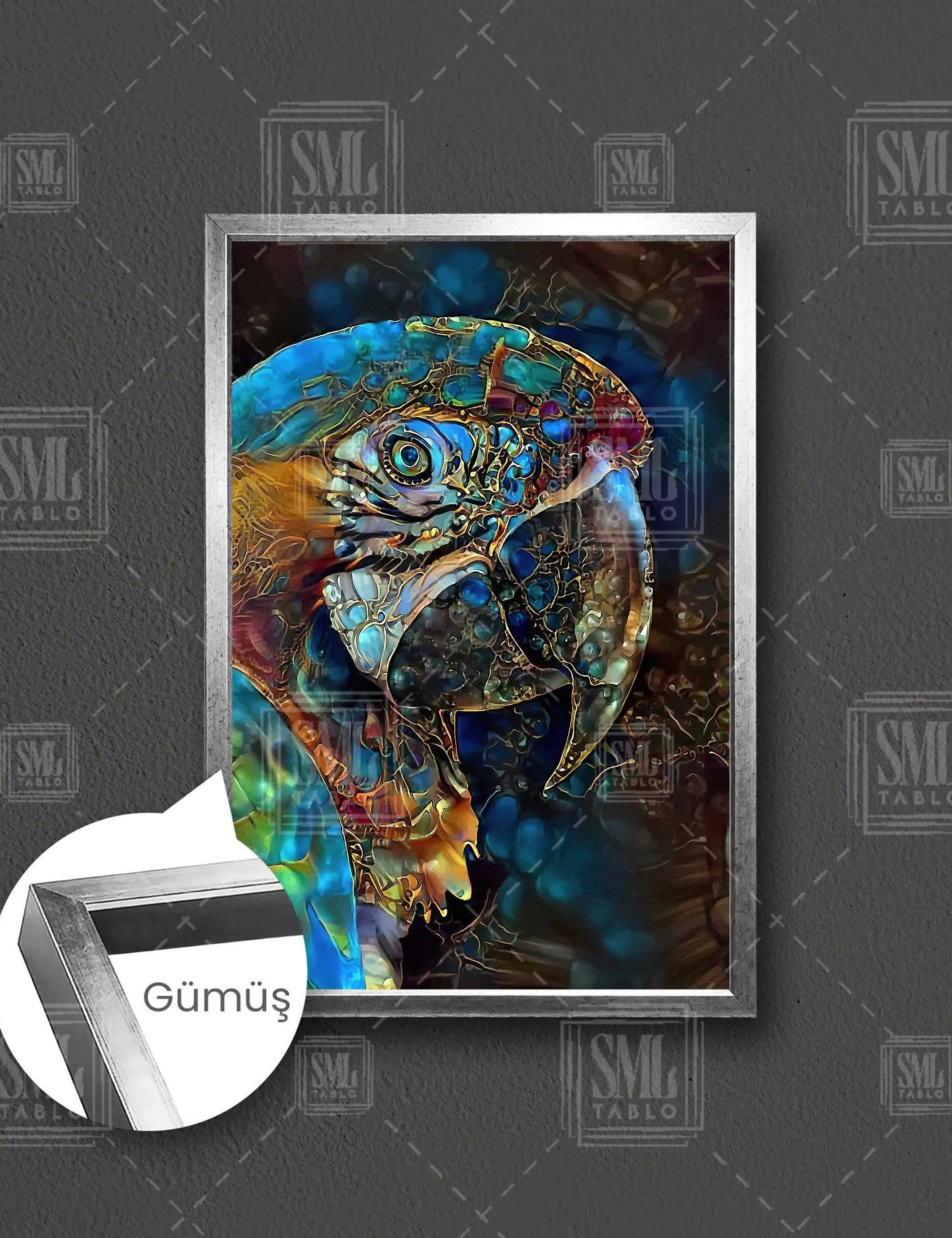 Etnik Desenlerden Oluşan Mavi Macaw Papağanı Doğa Nature Dikey Çerçeveli Kanvas Tablo - Gümüş