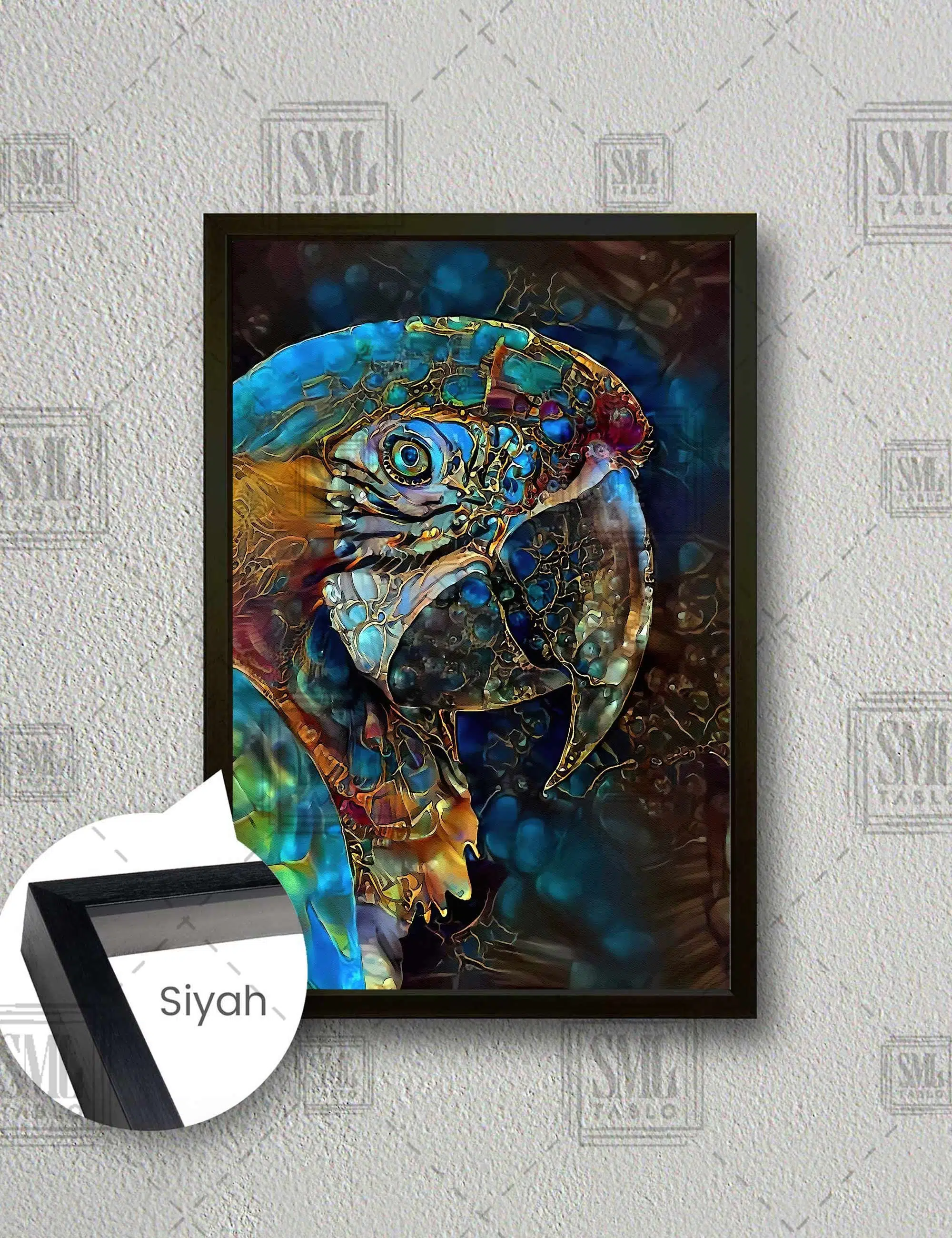 Etnik Desenlerden Oluşan Mavi Macaw Papağanı Doğa Nature Dikey Çerçeveli Kanvas Tablo - Siyah