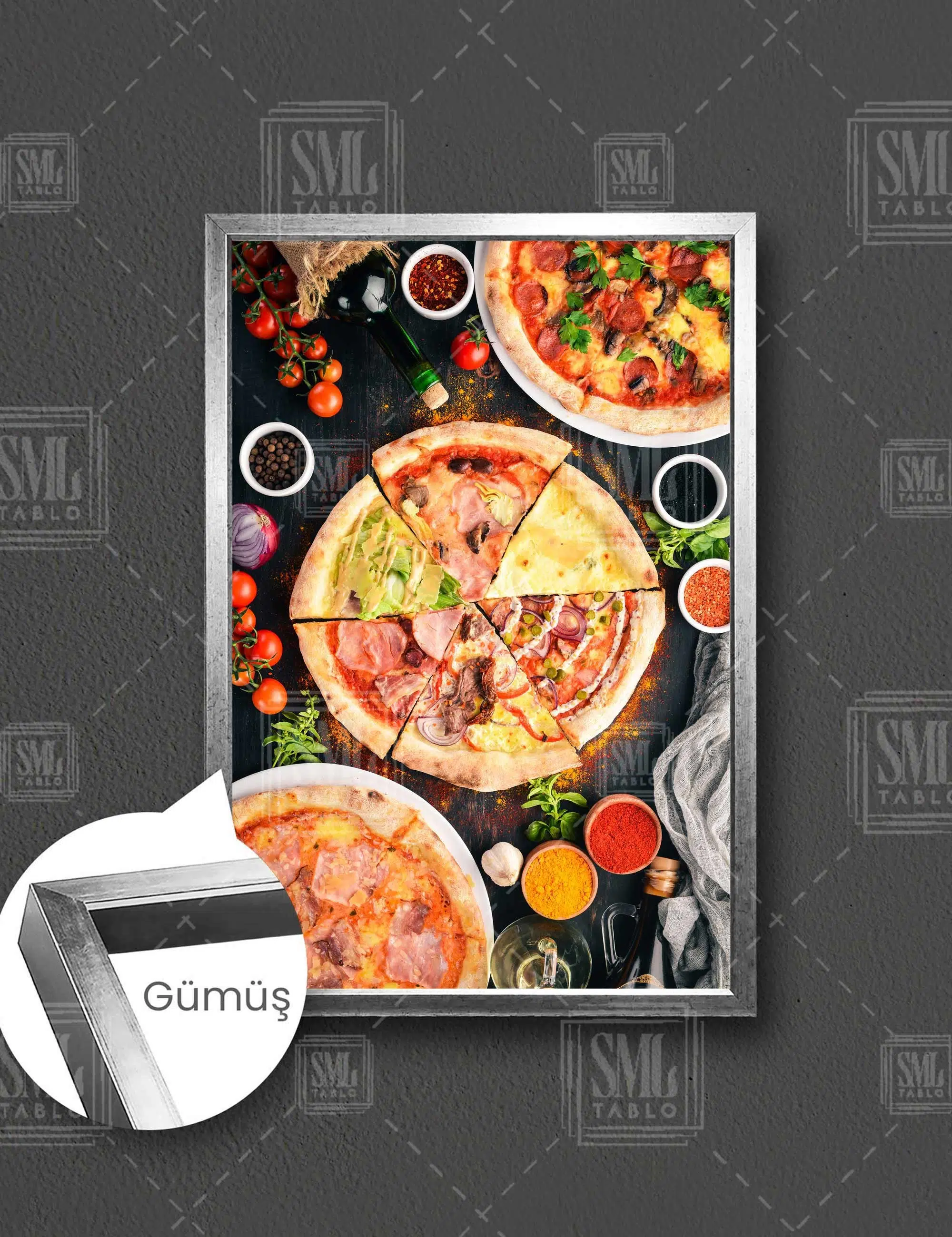 Lezzetli Pizza Çeşitleri İtalyan Mutfağı Fast Food Pizza İtalian Dikey Çerçeveli Kanvas Tablo - Gümüş