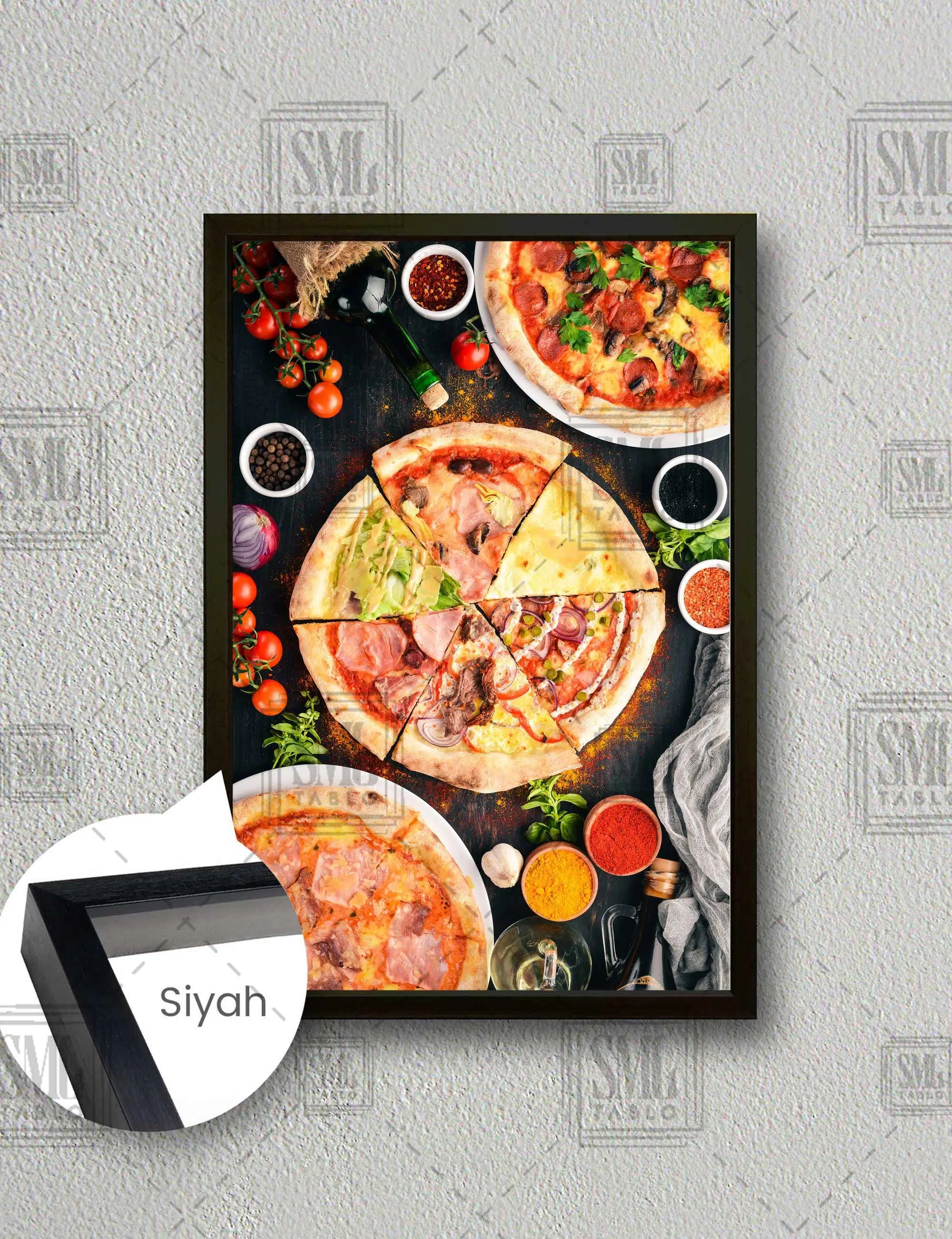 Lezzetli Pizza Çeşitleri İtalyan Mutfağı Fast Food Pizza İtalian Dikey Çerçeveli Kanvas Tablo - Siyah