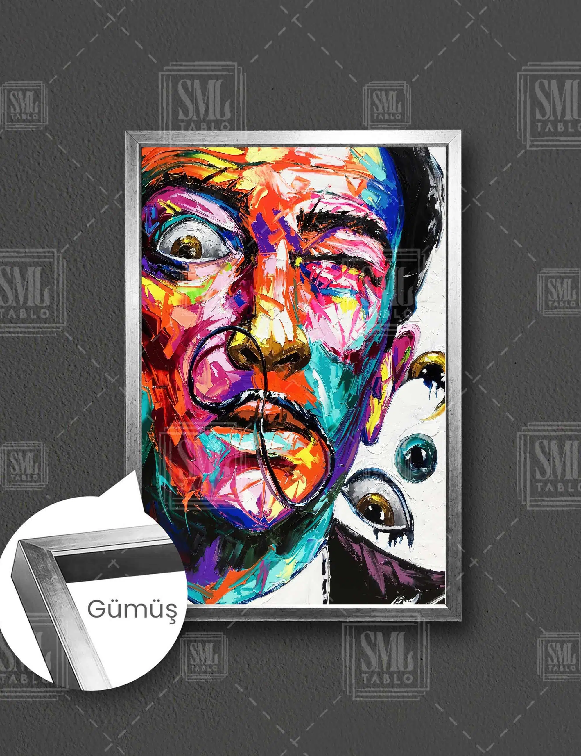 Salvador Dali Portre Renkli Boya İzleri Sürrealist Ressam Sokak Sanatı Dikey Çerçeveli Kanvas Tablo - Gümüş