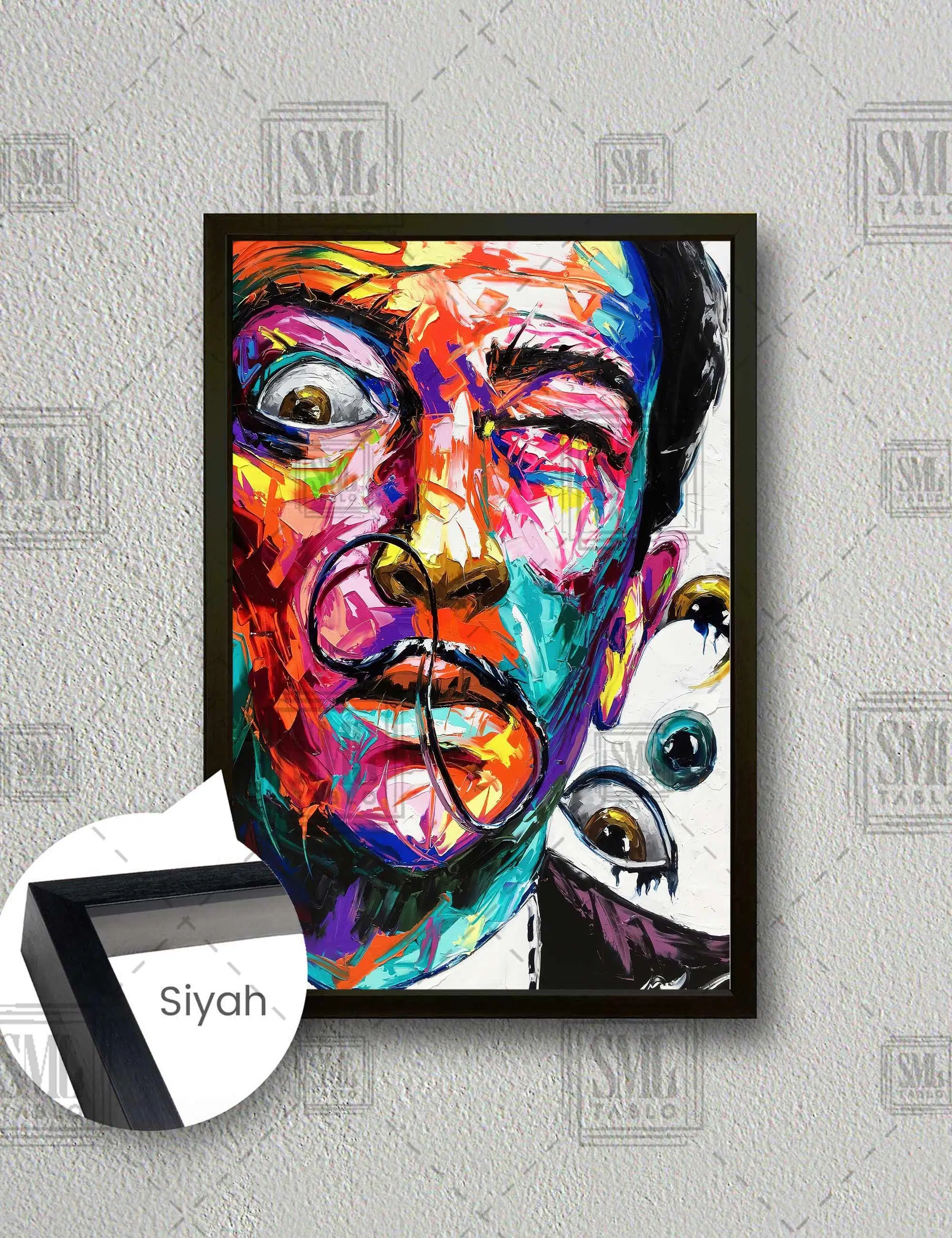 Salvador Dali Portre Renkli Boya İzleri Sürrealist Ressam Sokak Sanatı Dikey Çerçeveli Kanvas Tablo - Siyah