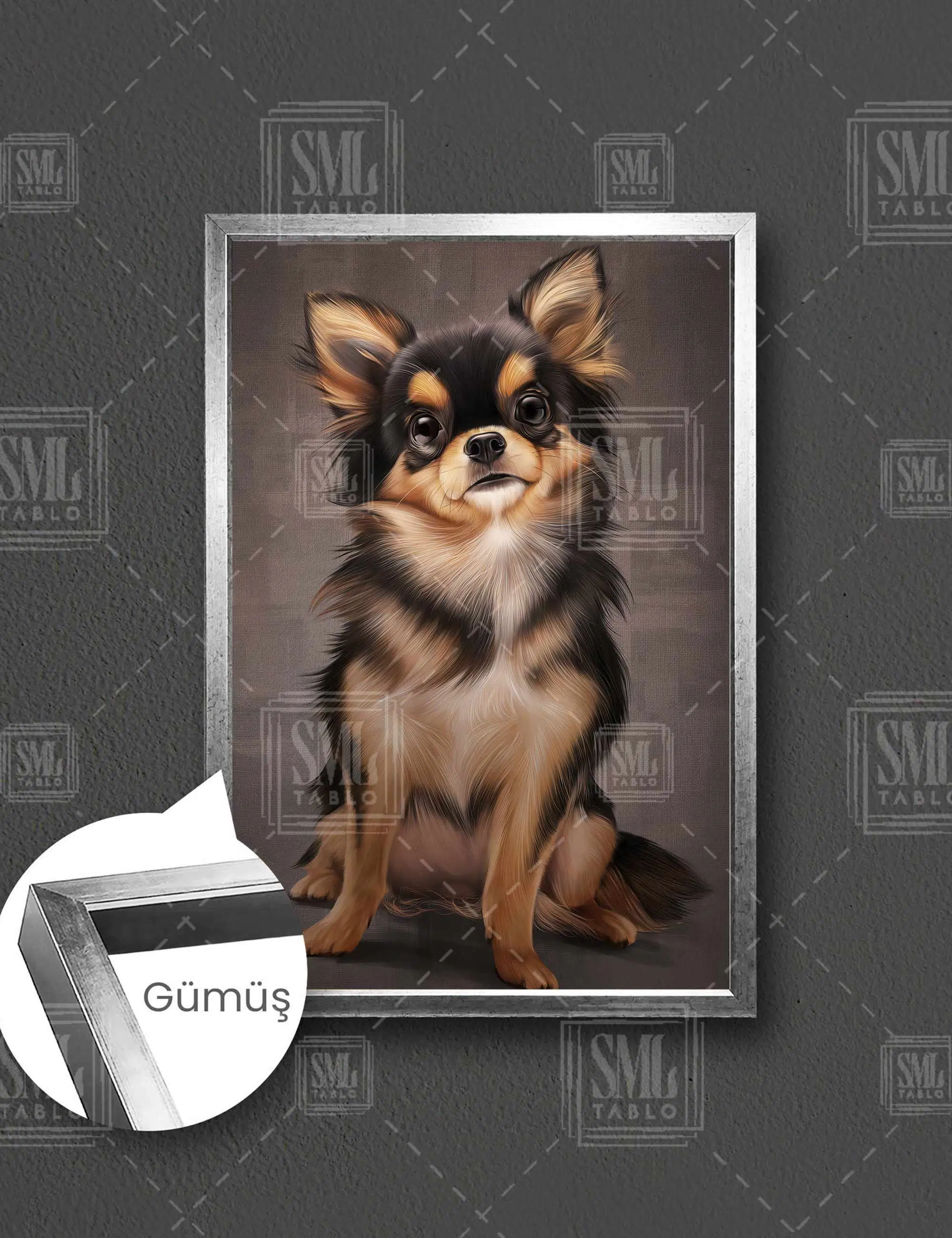 Şirin Chihuahua Dijital Sanat Köpek Hayvan Dikey Çerçeveli Kanvas Tablo - Gümüş