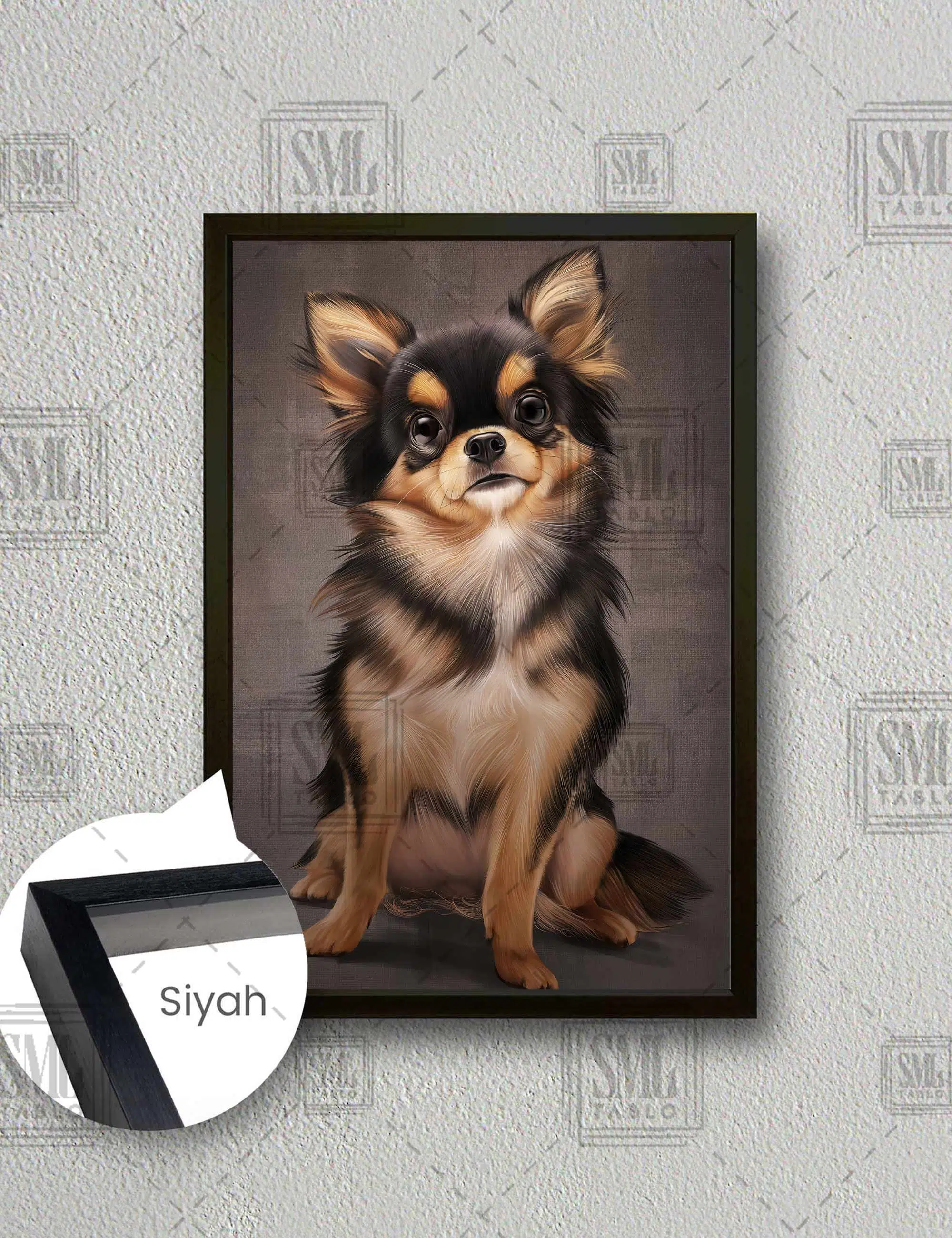 Şirin Chihuahua Dijital Sanat Köpek Hayvan Dikey Çerçeveli Kanvas Tablo - Siyah