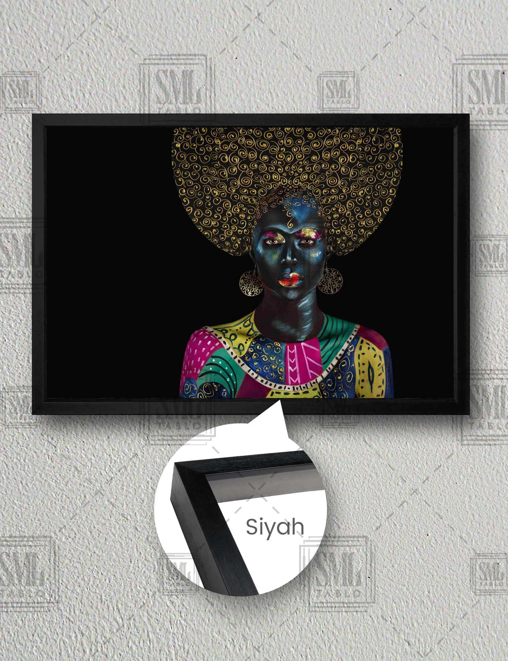 Altın Saçlı Afrikalı Kadın Geleneksel Kıyafet Etnik Yatay Çerçeveli Kanvas Tablo - Siyah