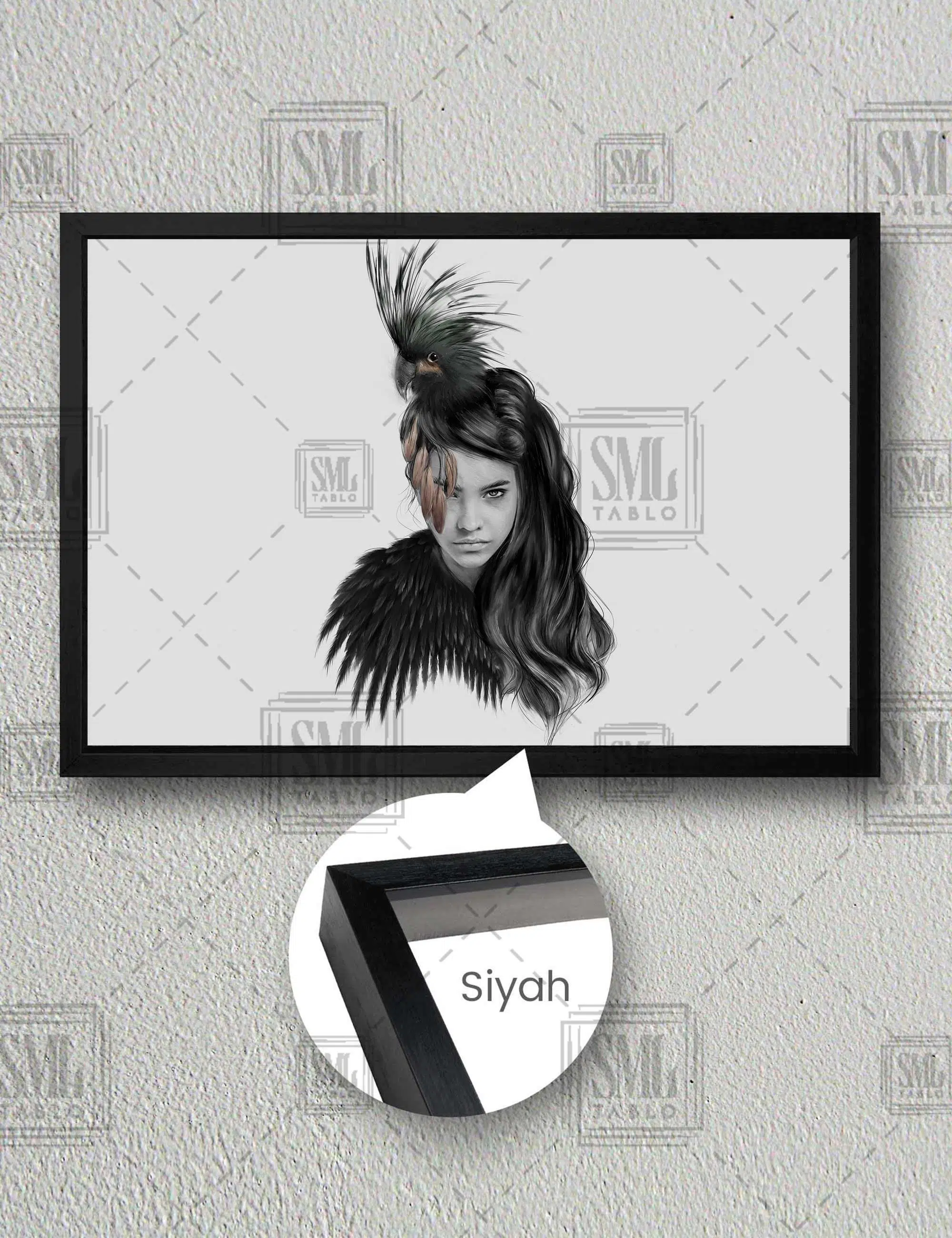 Kuş Saçlı Kadın Woman With Bird Hair Siyah Kuş Karga Yatay Çerçeveli Kanvas Tablo - Siyah