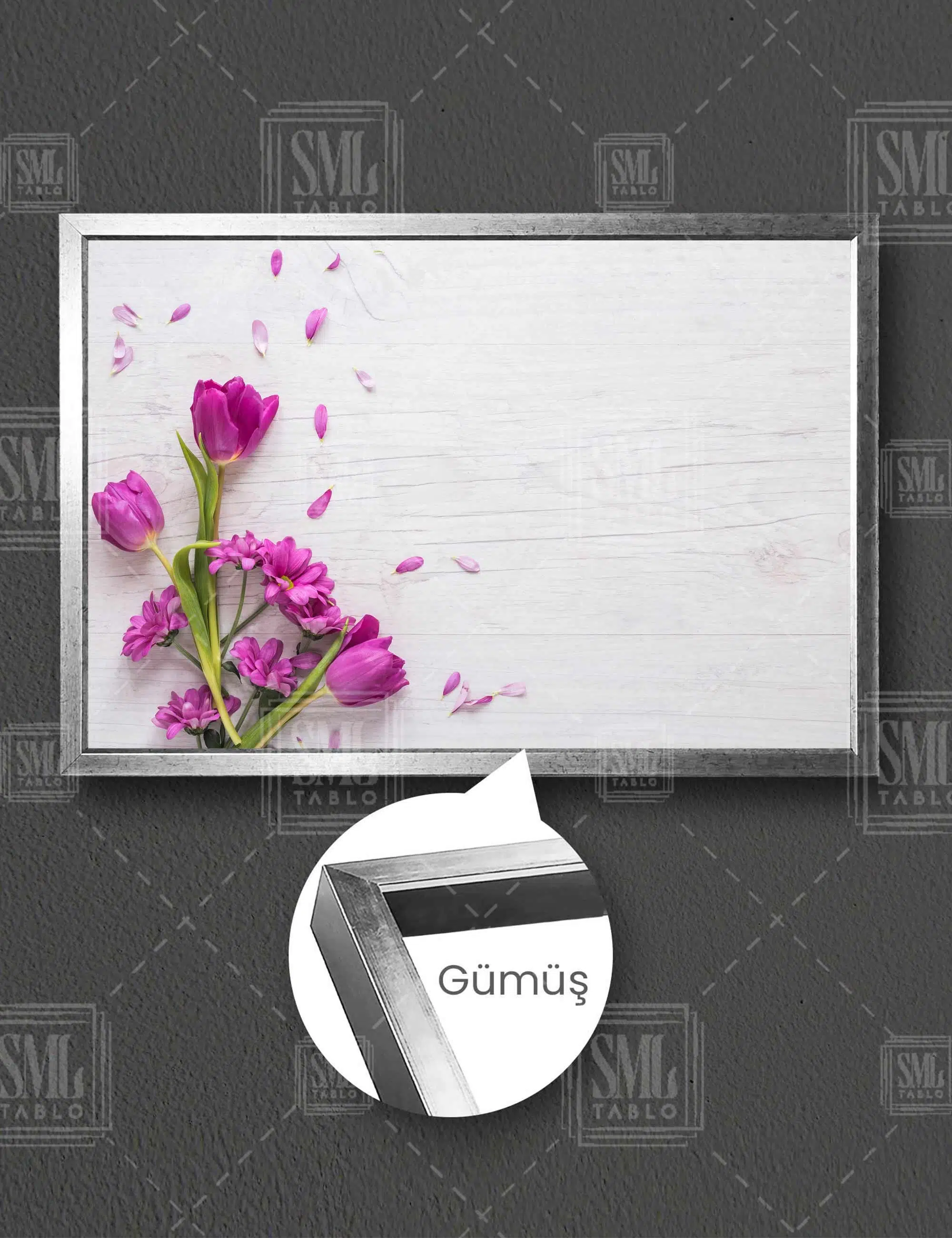 Pembe Çiçek Yaprak Modern Dekoratif Yatay Çerçeveli Kanvas Tablo - Gümüş