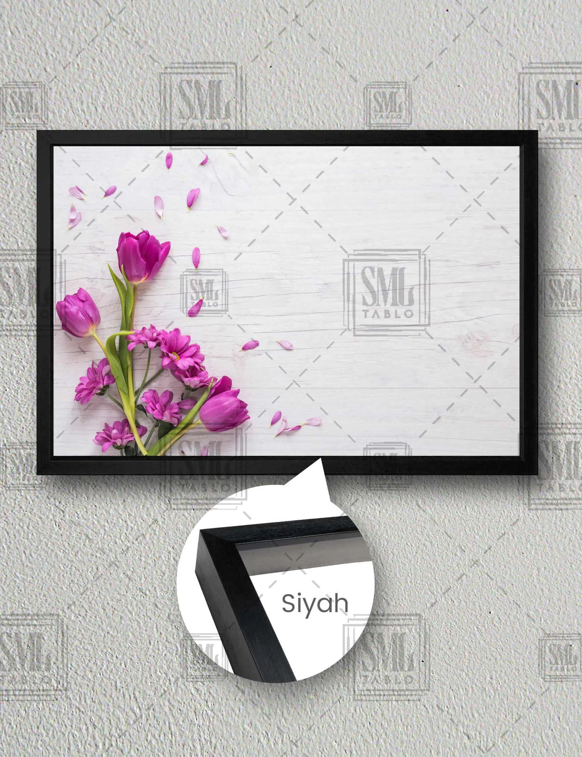 Pembe Çiçek Yaprak Modern Dekoratif Yatay Çerçeveli Kanvas Tablo - Siyah