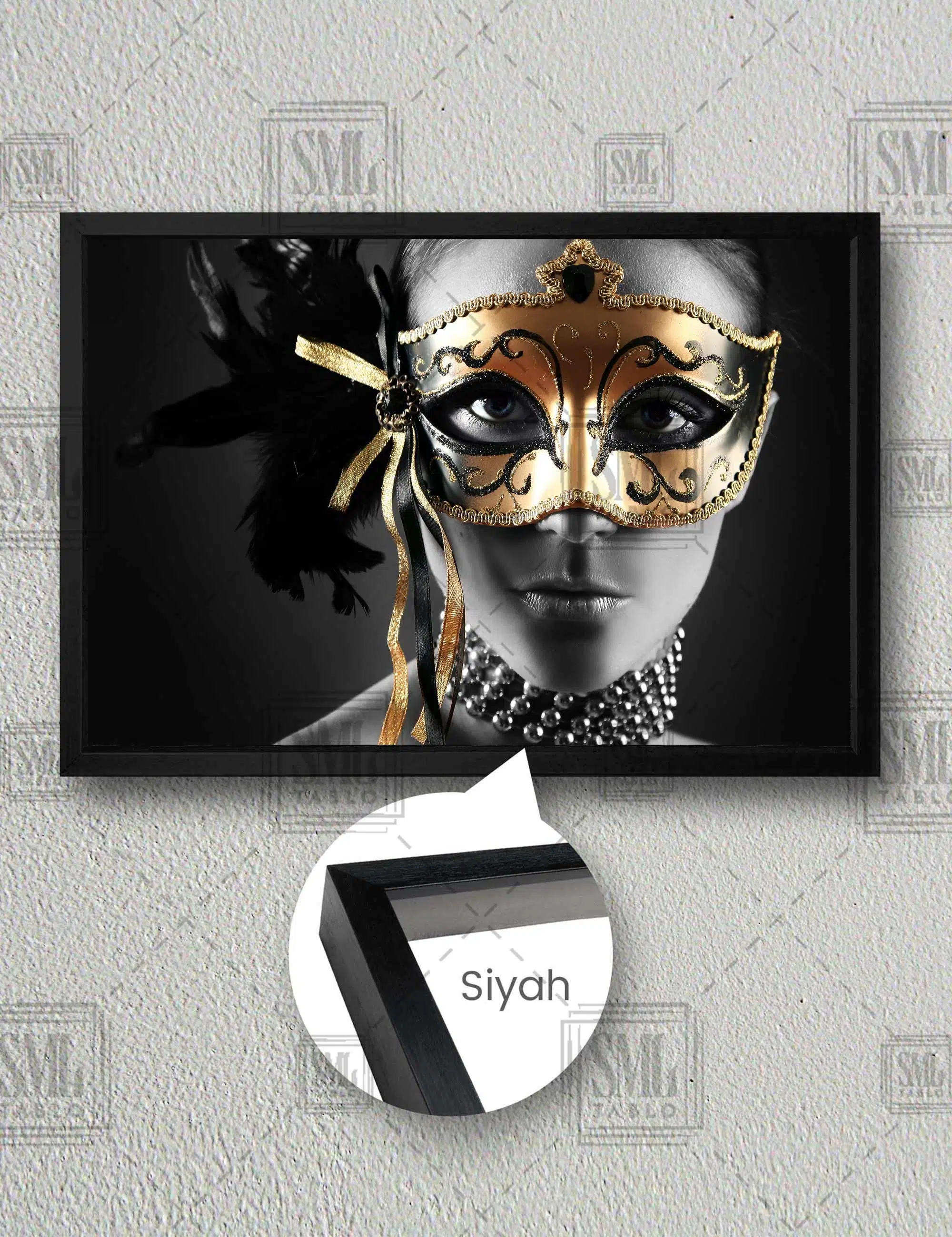 Altın Maskeli Kadın Balo Gold Gizemli Kadın Model Yatay Çerçeveli Kanvas Tablo - Siyah