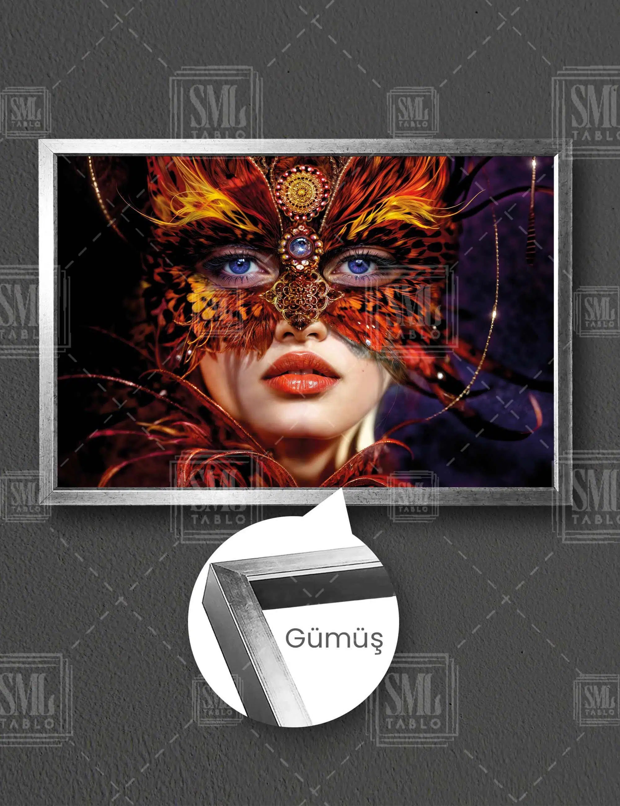 Maskeli Kadın Yüzü Kadın Balo Müzik Makyaj Woman Yatay Çerçeveli Kanvas Tablo - Gümüş