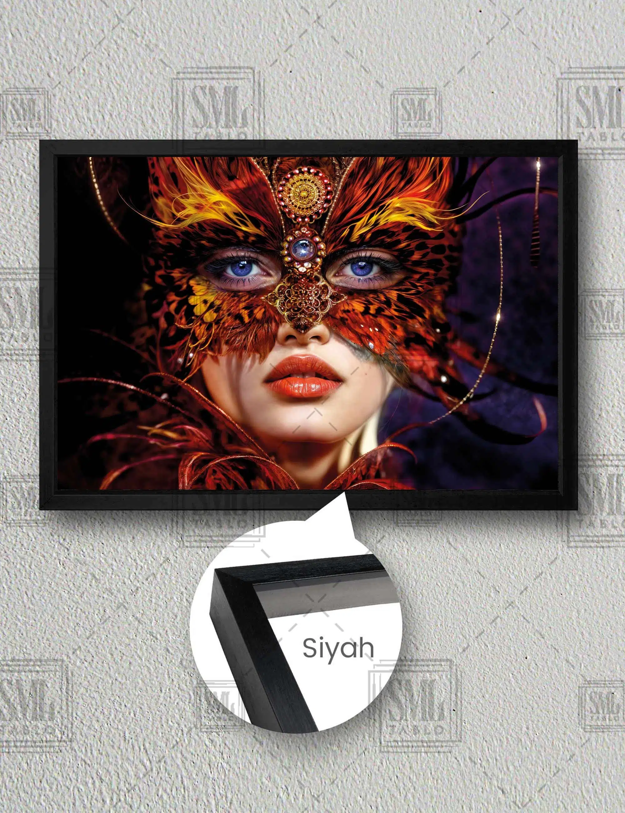 Maskeli Kadın Yüzü Kadın Balo Müzik Makyaj Woman Yatay Çerçeveli Kanvas Tablo - Siyah