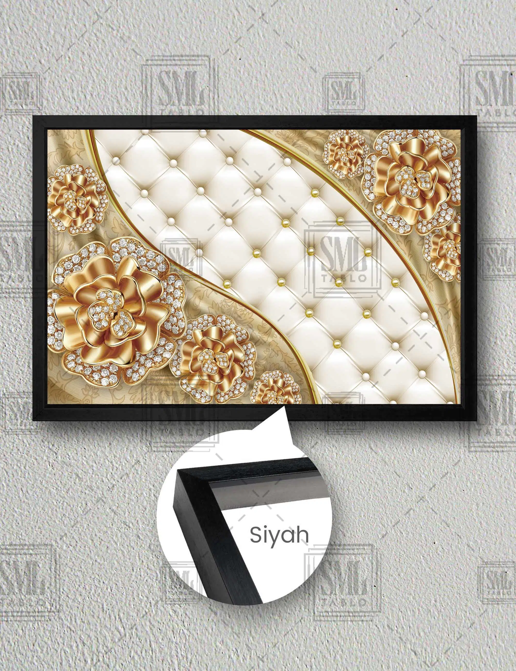 Pırlanta İşlemeli Altın Çiçek İnci Dekorasyon Modern Gold Yatay Çerçeveli Kanvas Tablo - Siyah