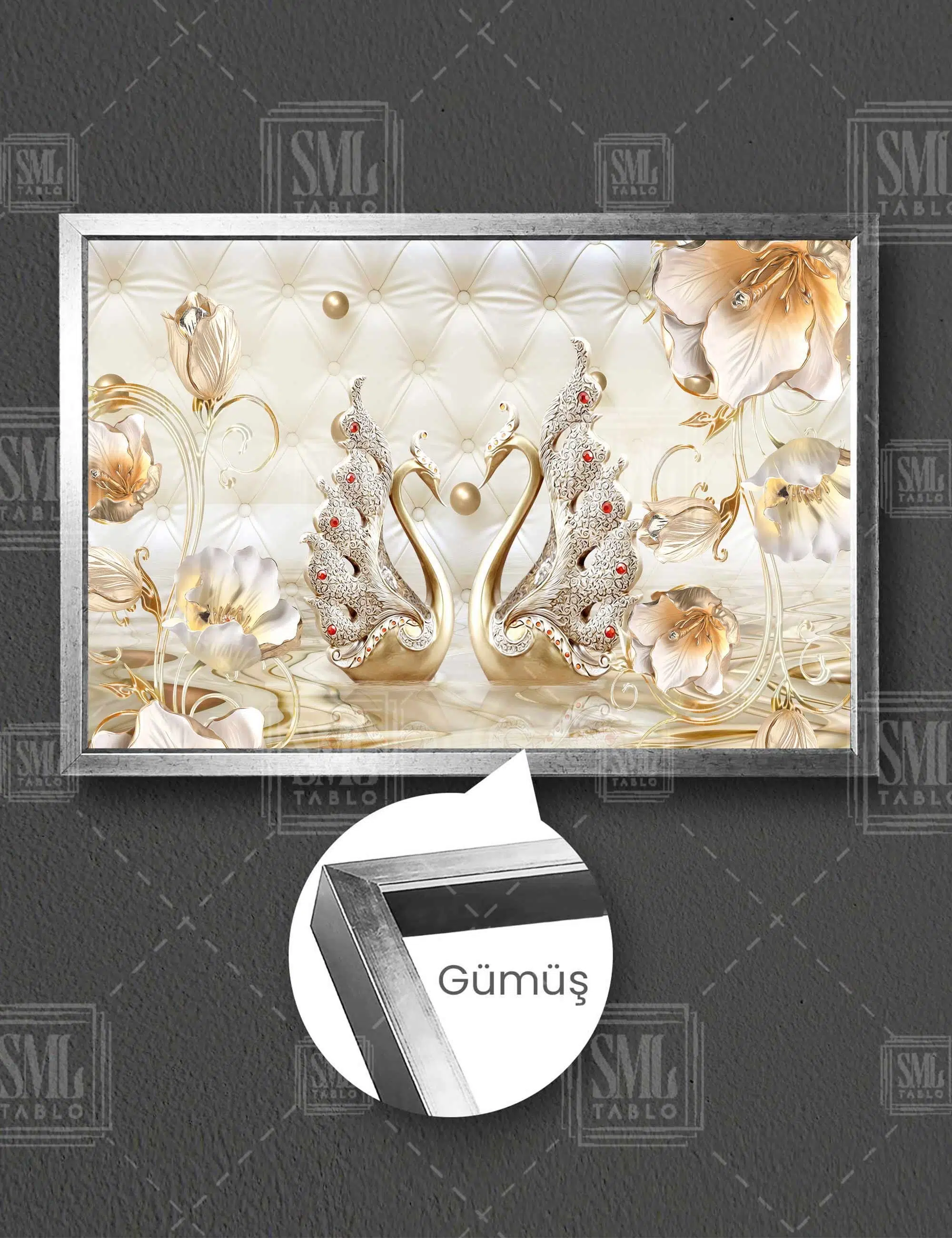 İnci Altın Kuğu Çifti Gold Modern Dekoratif Yatay Çerçeveli Kanvas Tablo - Gümüş