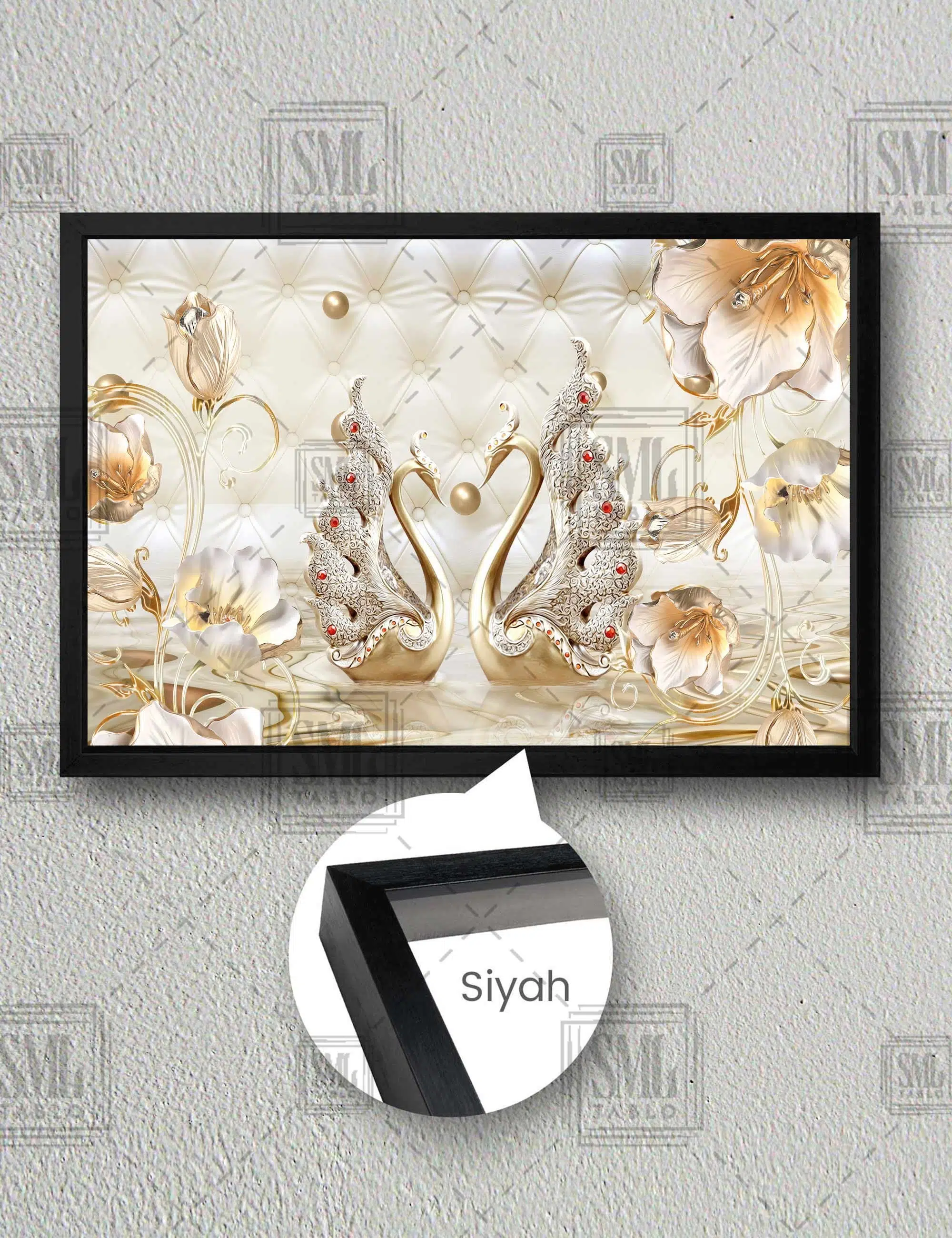 İnci Altın Kuğu Çifti Gold Modern Dekoratif Yatay Çerçeveli Kanvas Tablo - Siyah