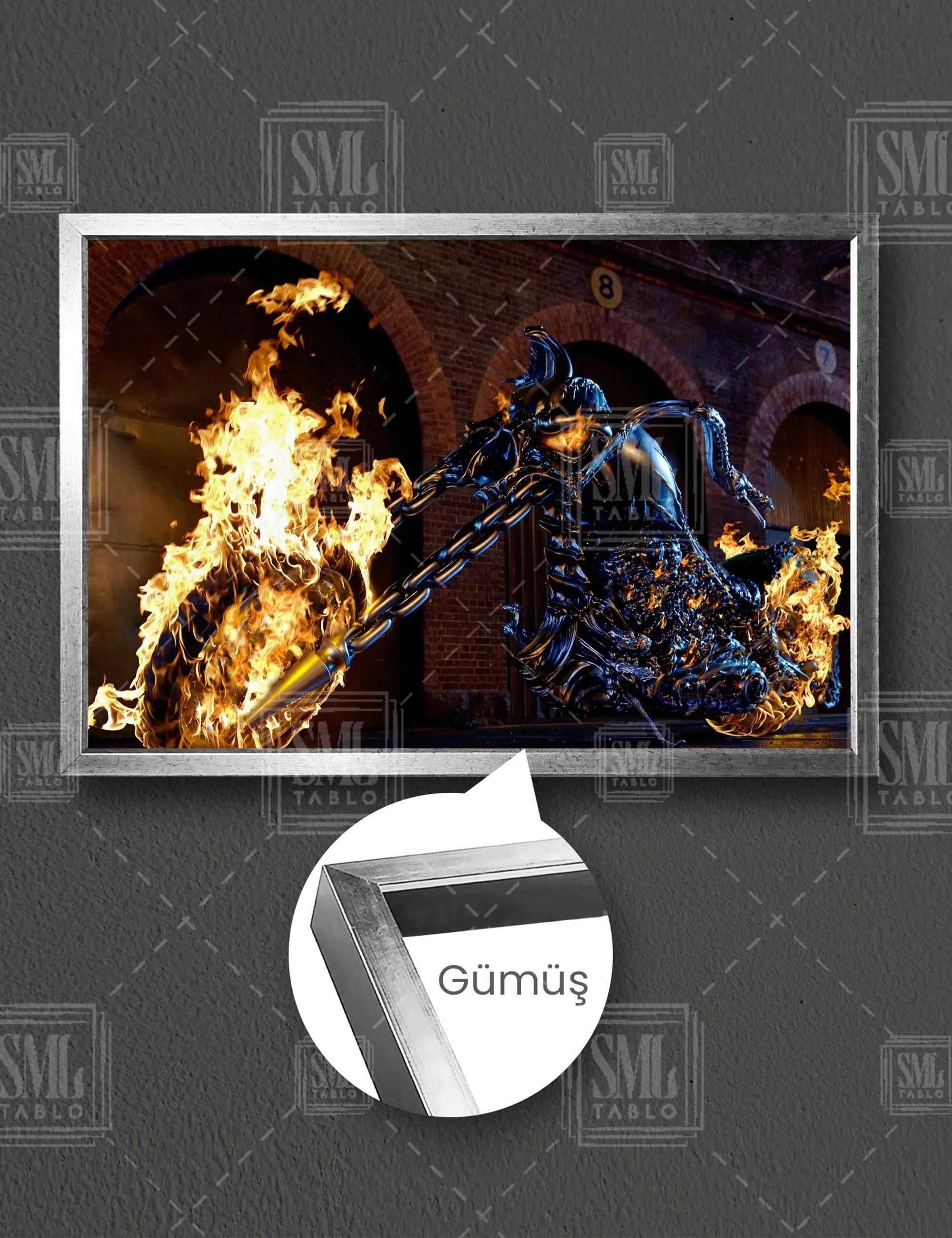 Yanan Motor Hayalet Sürücü Ghost Rider Marvel Yatay Çerçeveli Kanvas Tablo - Gümüş