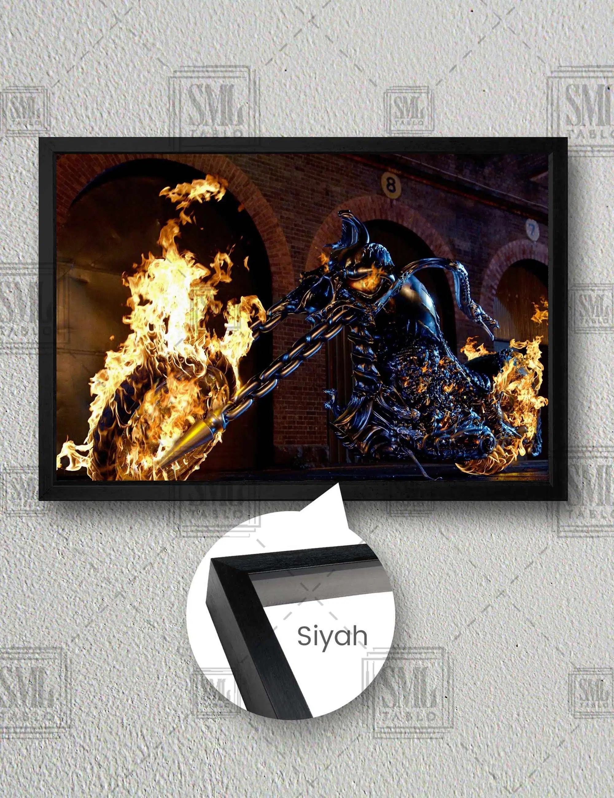 Yanan Motor Hayalet Sürücü Ghost Rider Marvel Yatay Çerçeveli Kanvas Tablo - Siyah