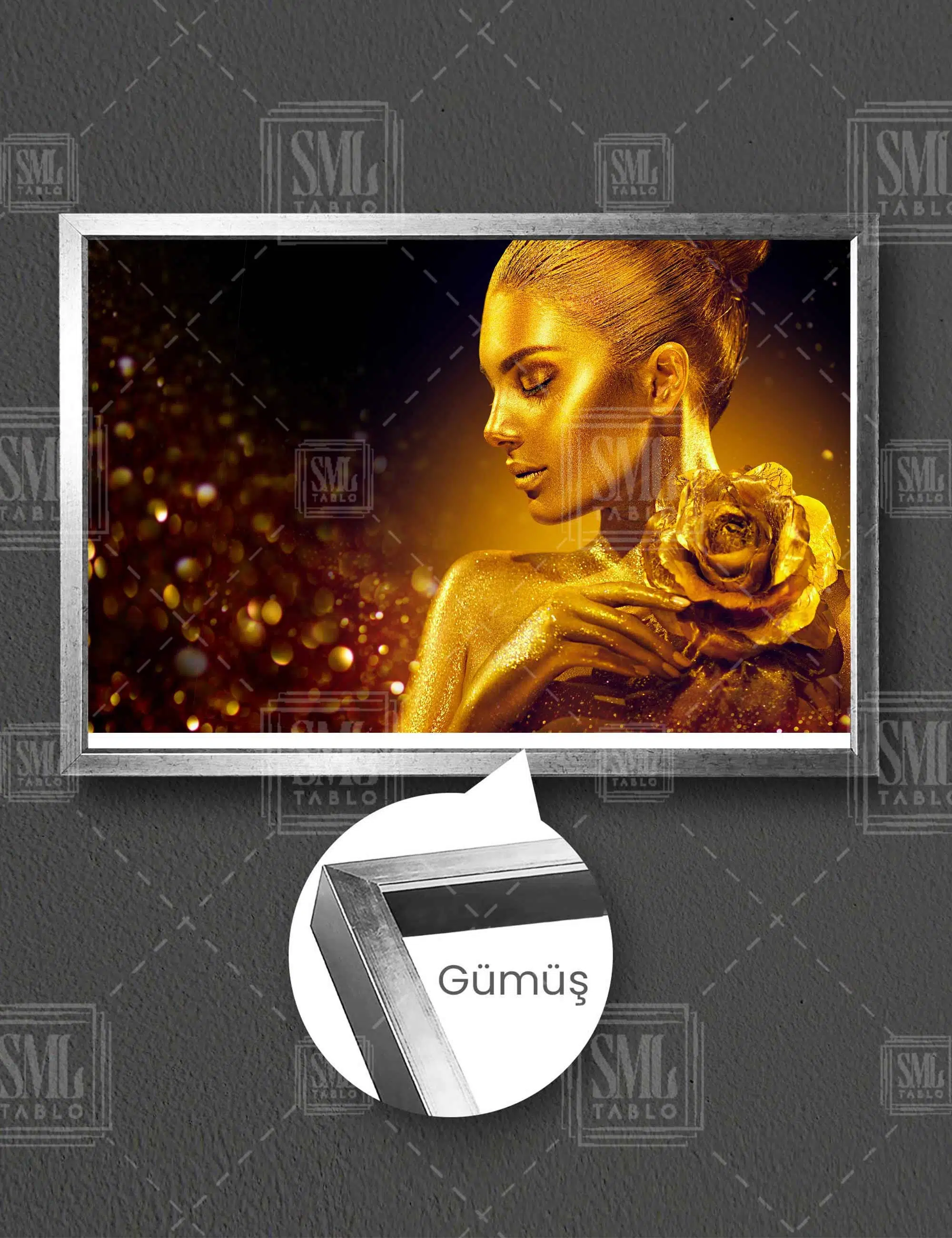 Altın Vücutlu Kadın Manken Kadın Gold Çiçek Woman Yatay Çerçeveli Kanvas Tablo - Gümüş