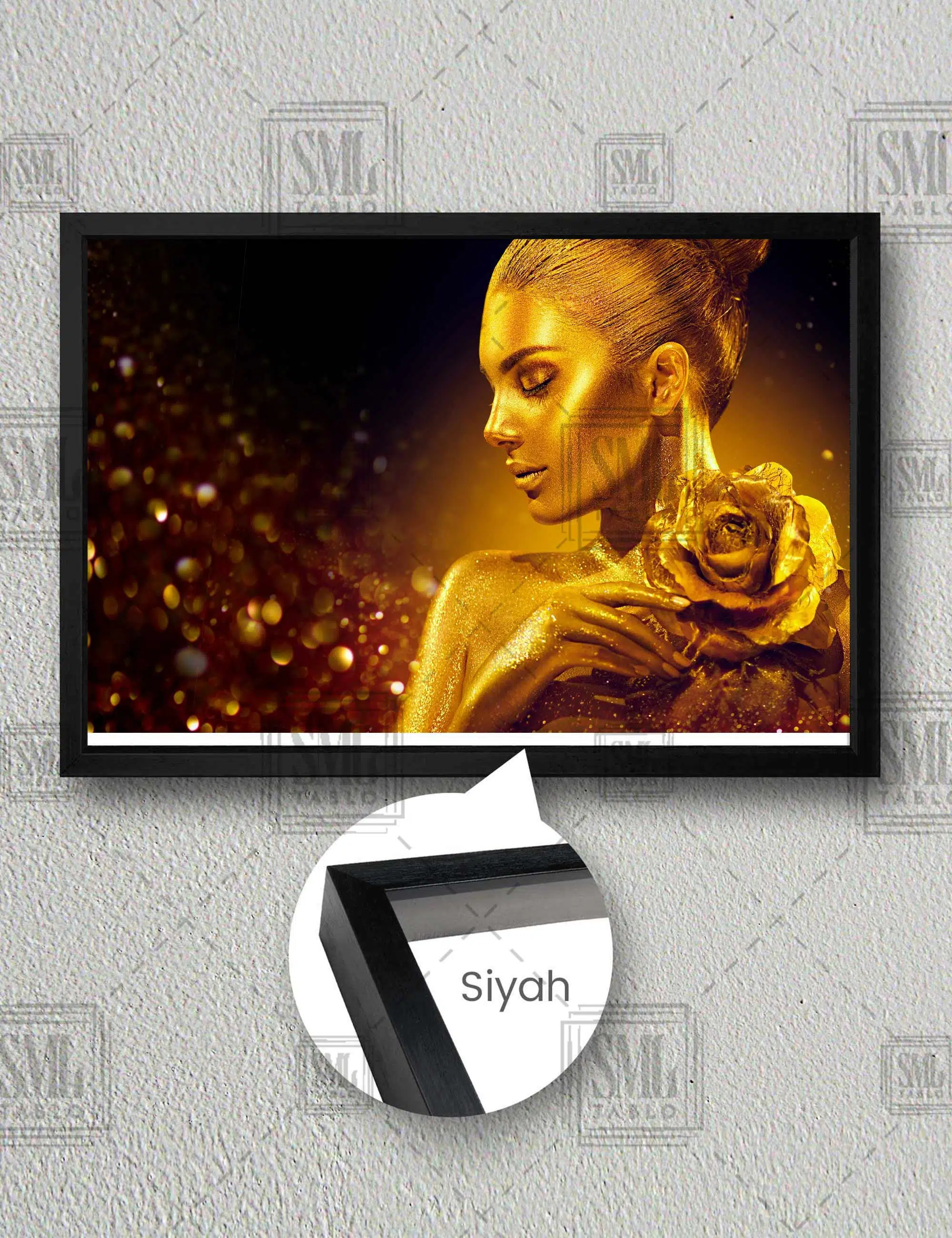 Altın Vücutlu Kadın Manken Kadın Gold Çiçek Woman Yatay Çerçeveli Kanvas Tablo - Siyah