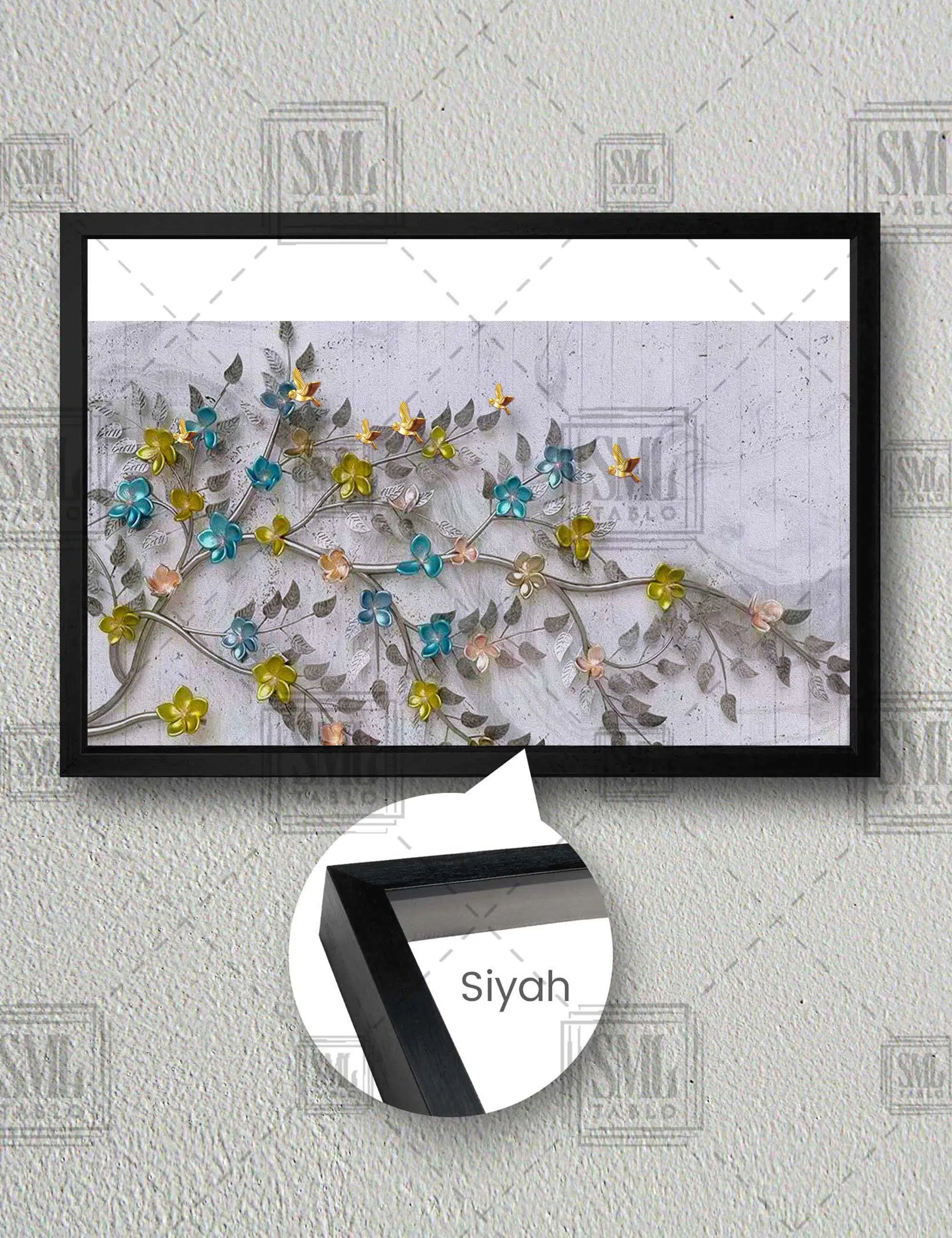 Renkli Çiçekli Kiraz Ağacı Çiçeği Altın Kuşlar Modern Dekorasyon Yatay Çerçeveli Kanvas Tablo - Siyah