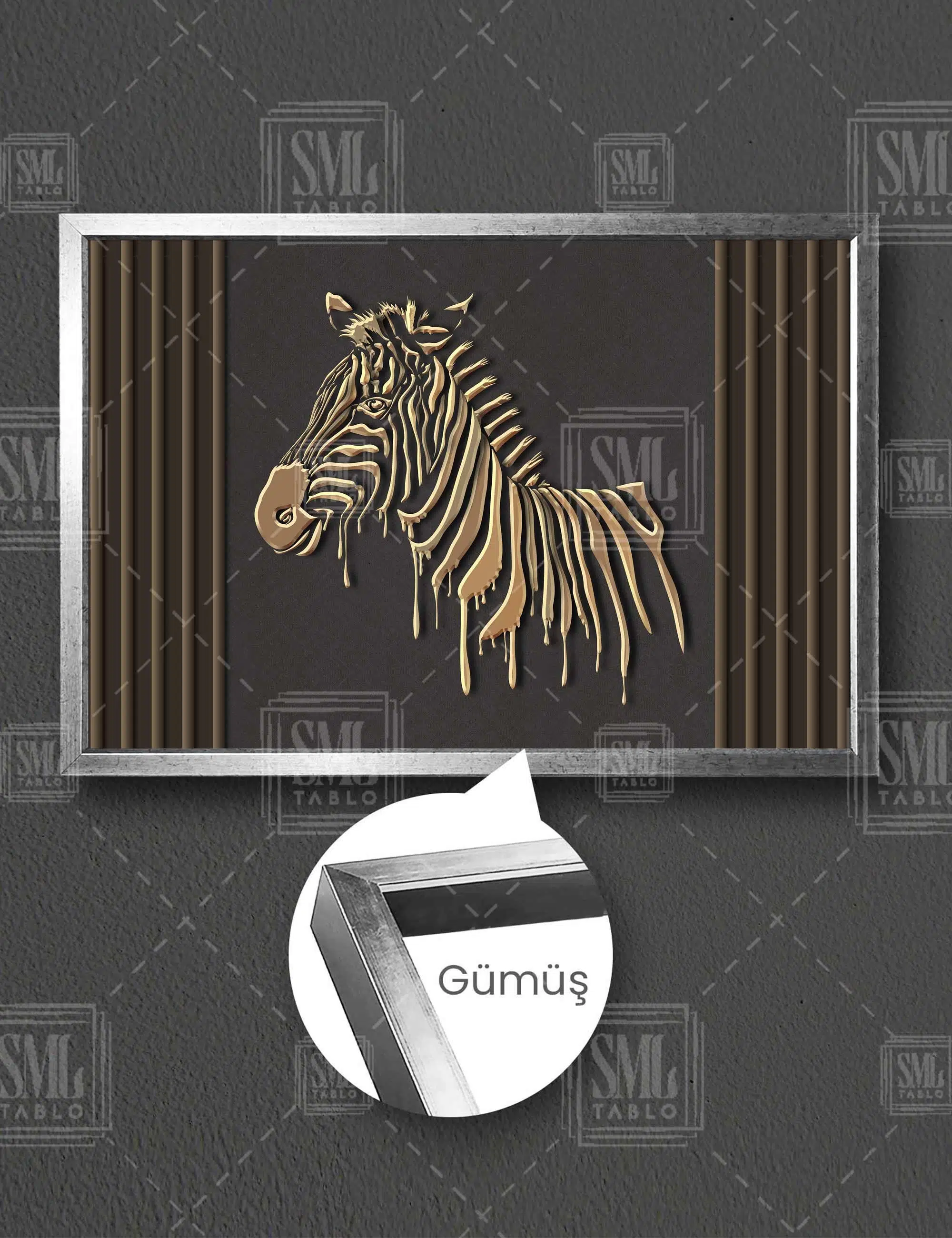 Altın Zebra Modern Gold Çizgiler Kabartma Efektli Yatay Çerçeveli Kanvas Tablo - Gümüş