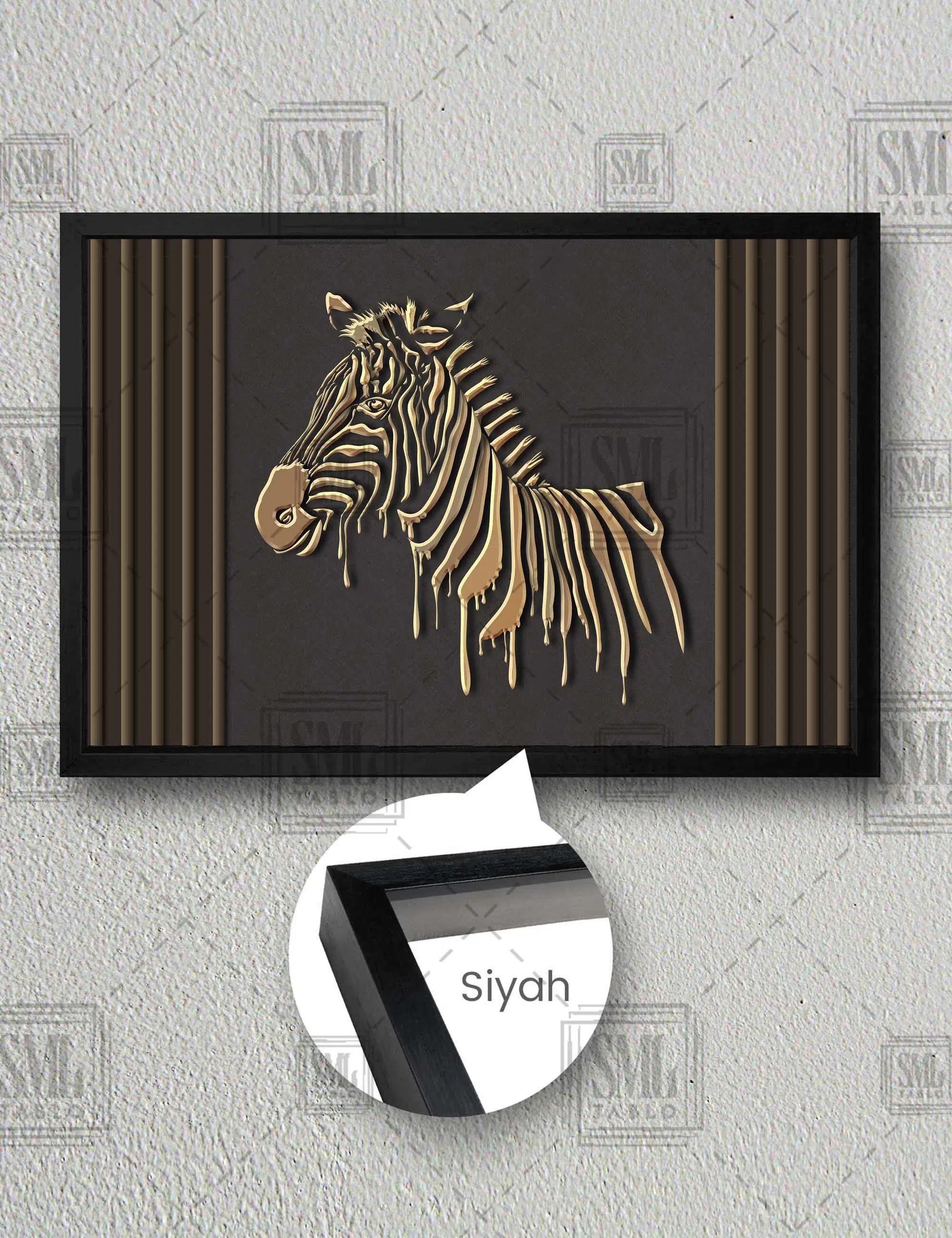 Altın Zebra Modern Gold Çizgiler Kabartma Efektli Yatay Çerçeveli Kanvas Tablo - Siyah