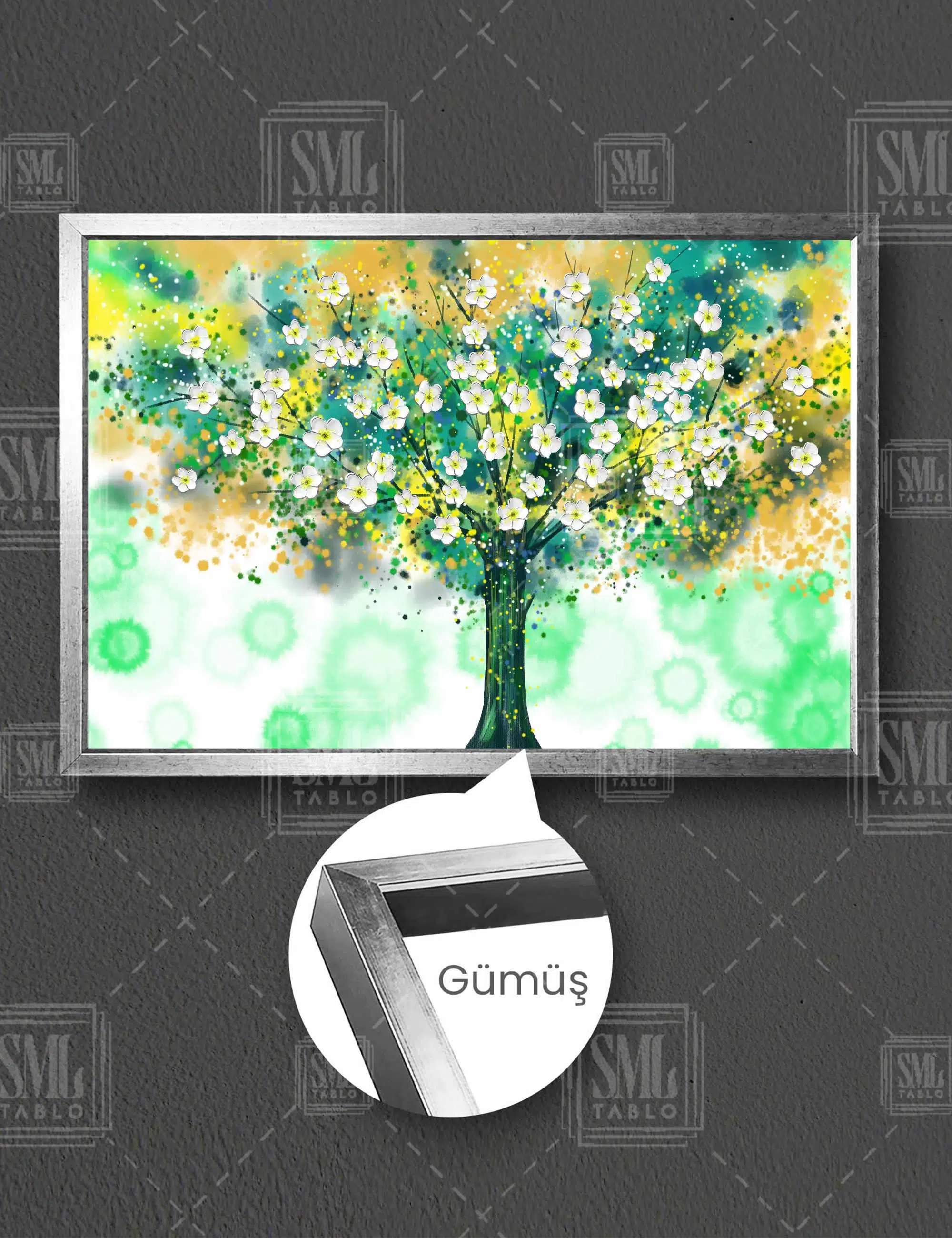 Çiçek Açmış Ağaç Dekorasyon Modern Yatay Çerçeveli Kanvas Tablo - Gümüş