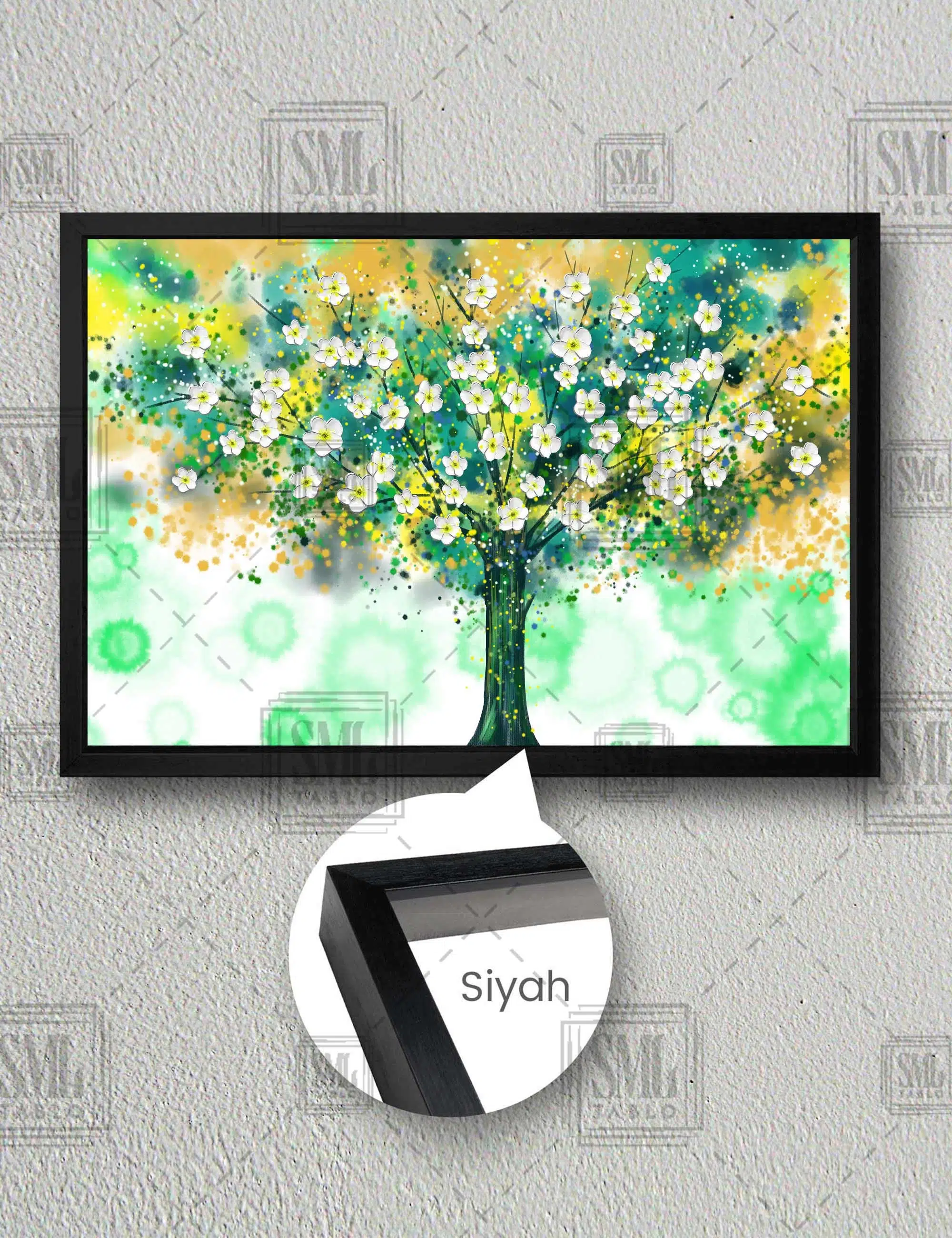 Çiçek Açmış Ağaç Dekorasyon Modern Yatay Çerçeveli Kanvas Tablo - Siyah