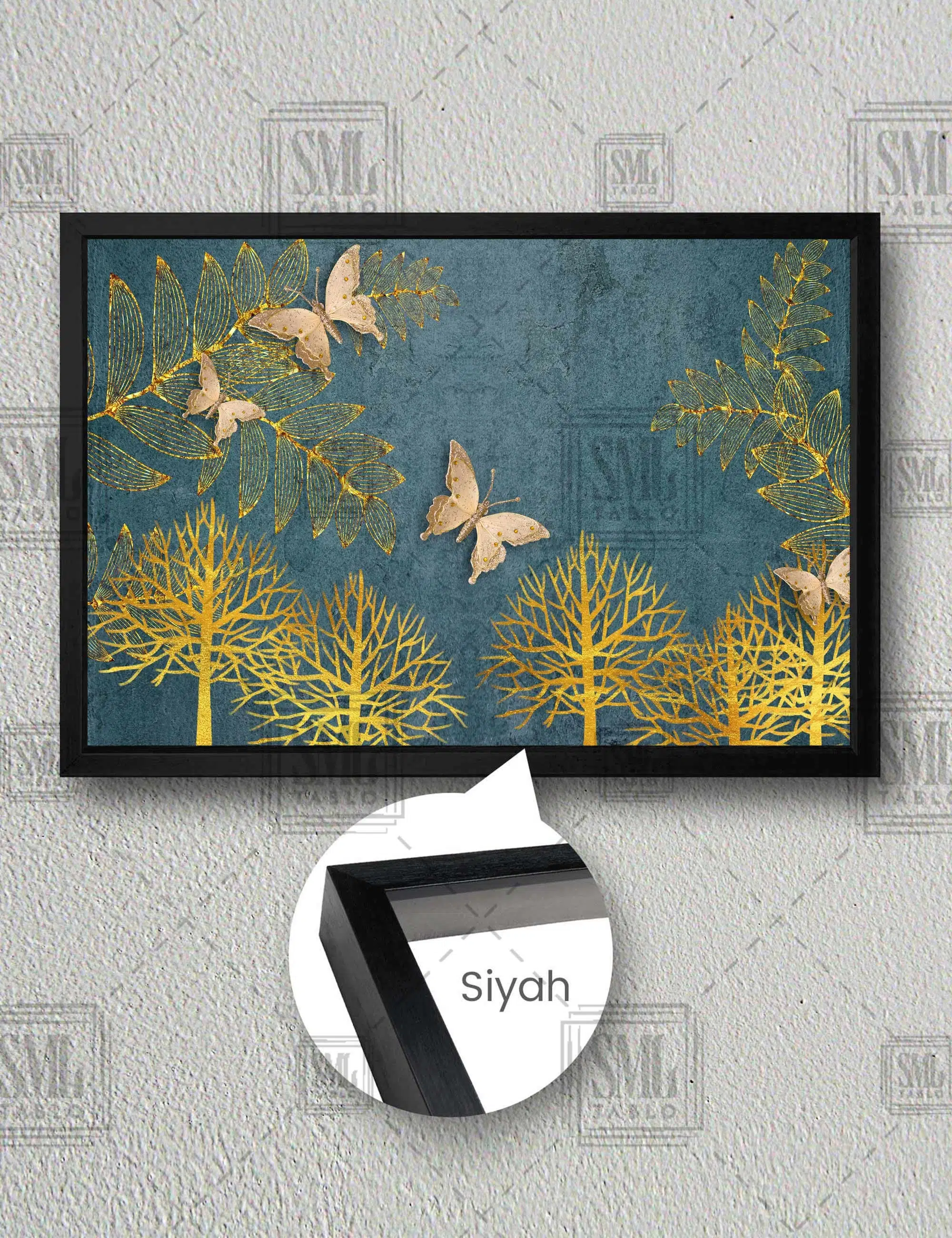 Altın İşlemeli Ağaç Kelebek Dekoratif Modern Sanat Yatay Çerçeveli Kanvas Tablo - Siyah