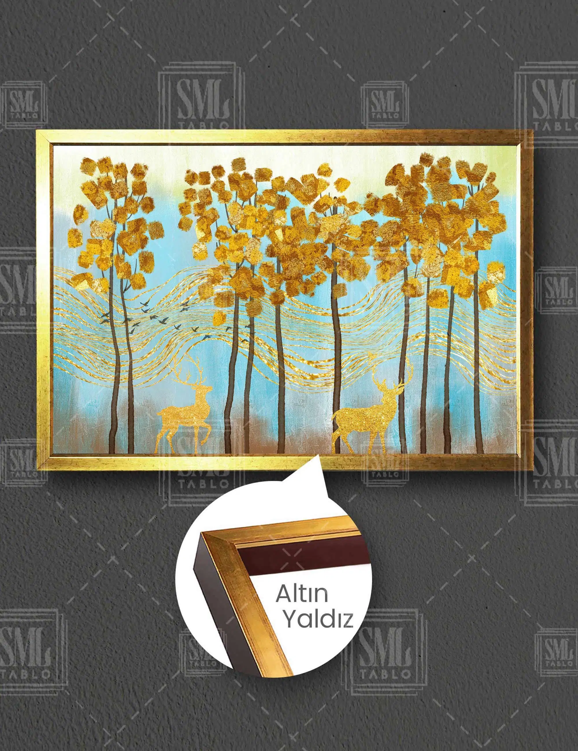 Altın Orman Geyik Gold Yaprak Modern Dekoratif Yatay Çerçeveli Kanvas Tablo