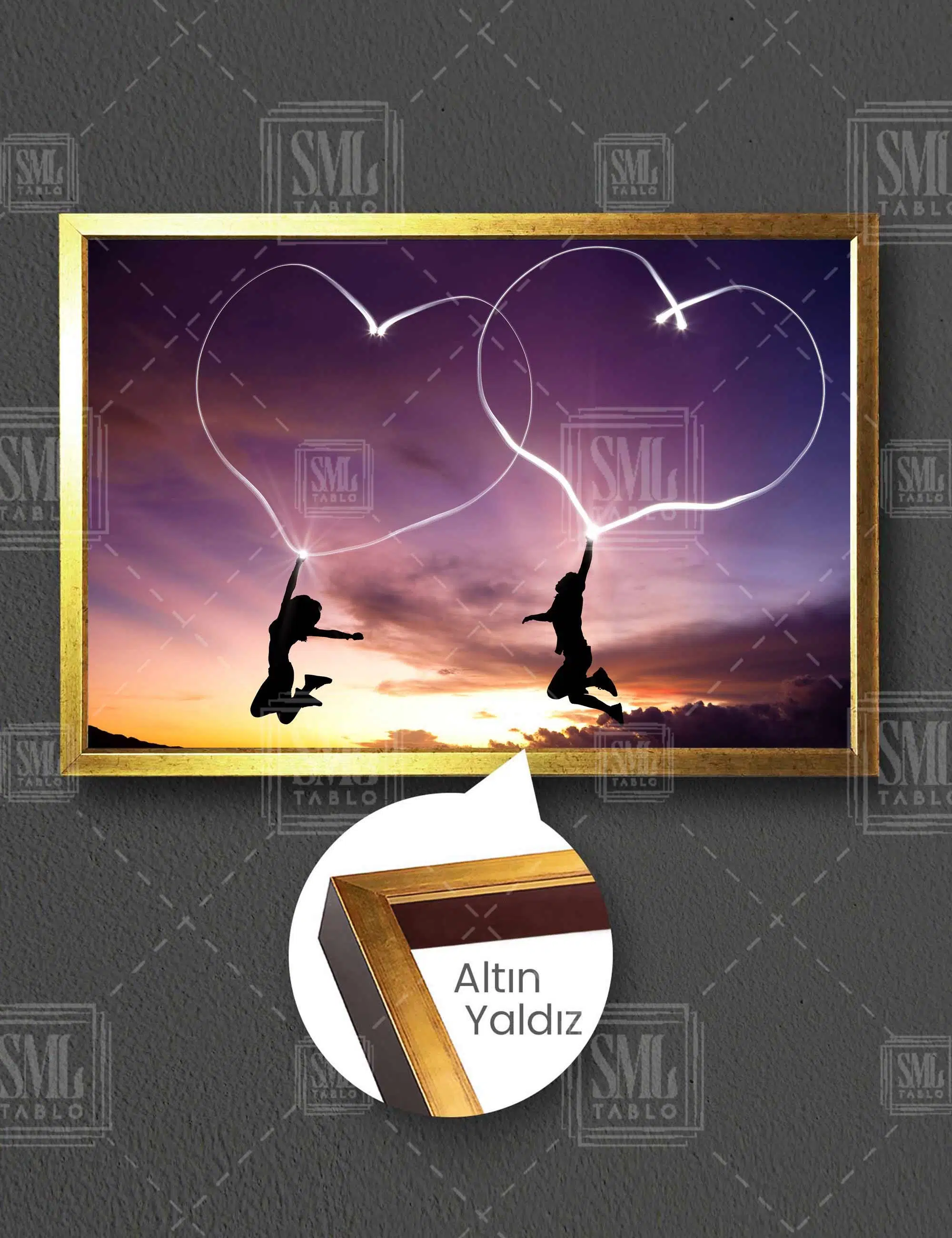 Işıktan Kalp Yapan Çift Gölge Aşk Love Manzara Gün Batımı Yatay Çerçeveli Kanvas Tablo