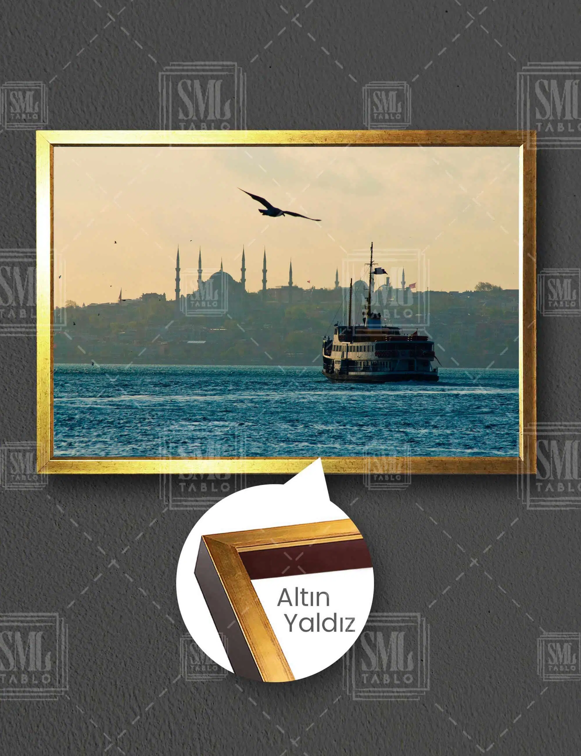 İstanbul Boğazı Gemi Cami Manzara Yatay Çerçeveli Kanvas Tablo