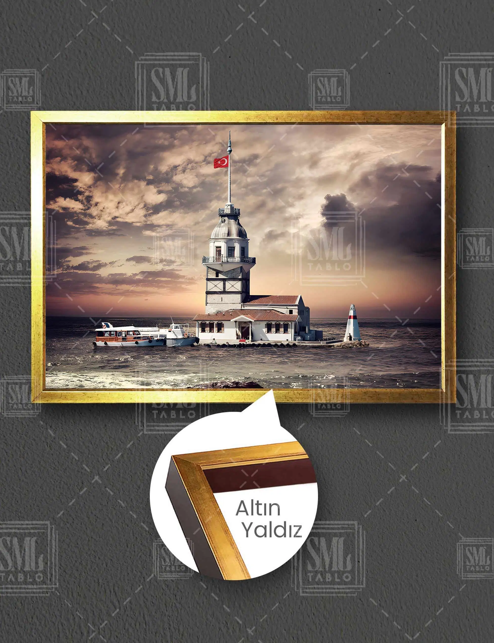 İstanbul Boğazı Kız Kulesi Kapalı Bulutlu Hava Yatay Çerçeveli Kanvas Tablo