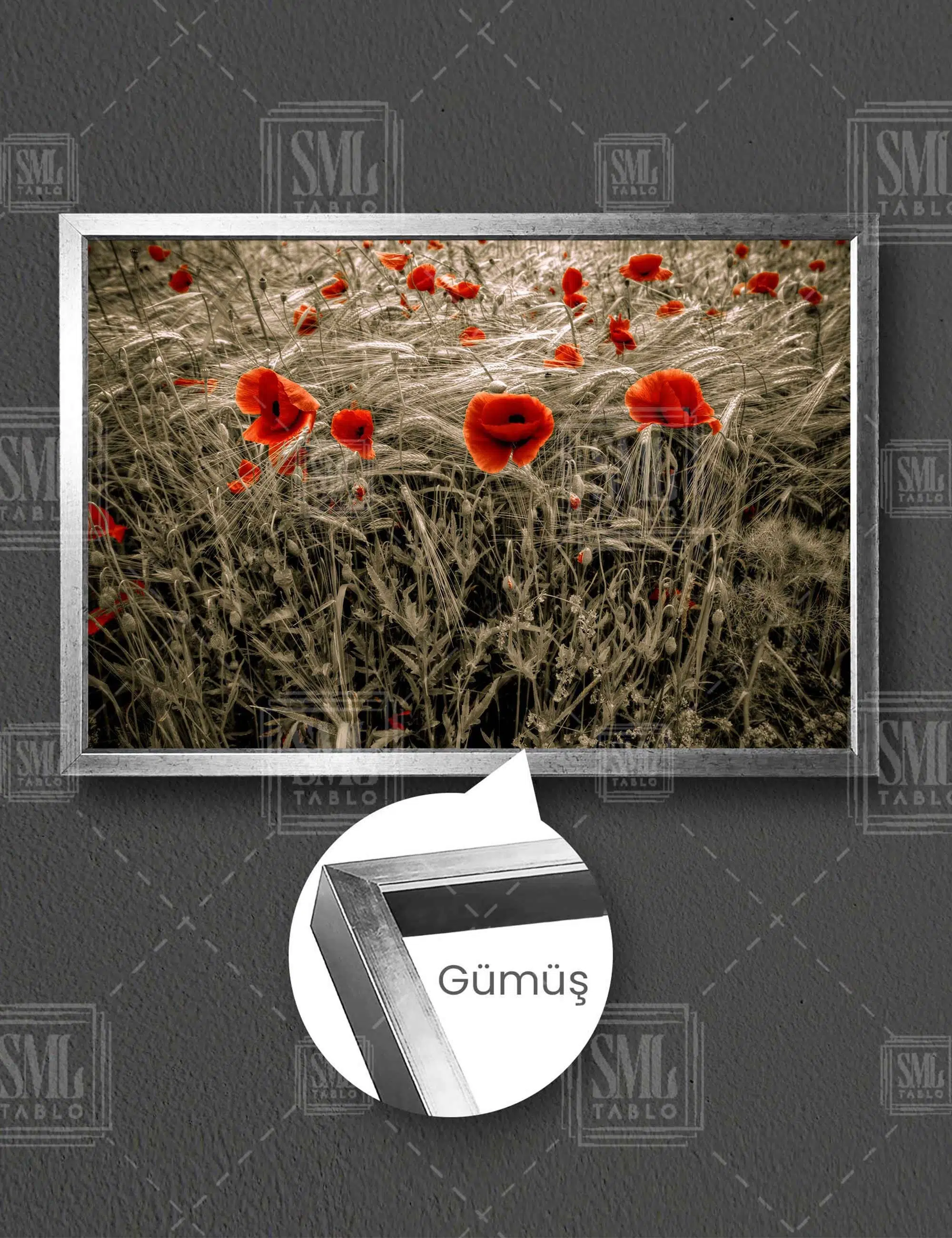 Yakın Çekim Kırmızı Gelincik Çiçeği Ve Buğday Başakları Yatay Çerçeveli Kanvas Tablo - Gümüş