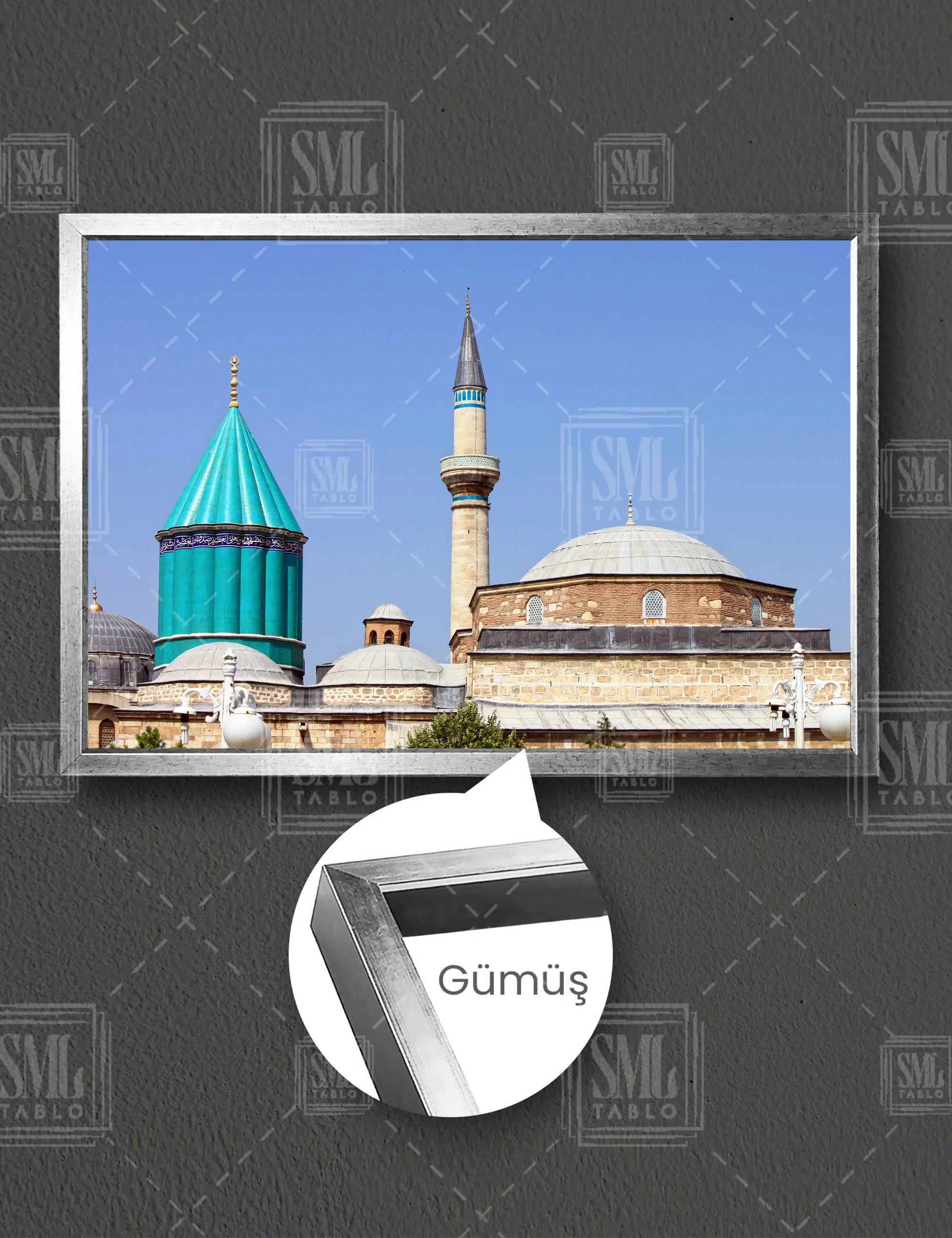 Konya Mevlana Celaleddin Rumi Cami Müze Yatay Çerçeveli Kanvas Tablo - Gümüş