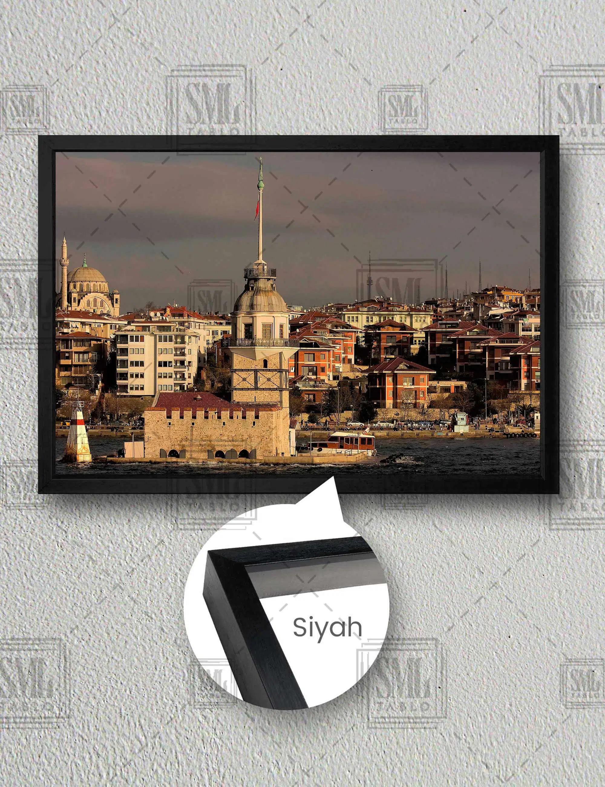 Kız Kulesi İstanbul Boğazı Manzarası Yatay Çerçeveli Kanvas Tablo - Siyah