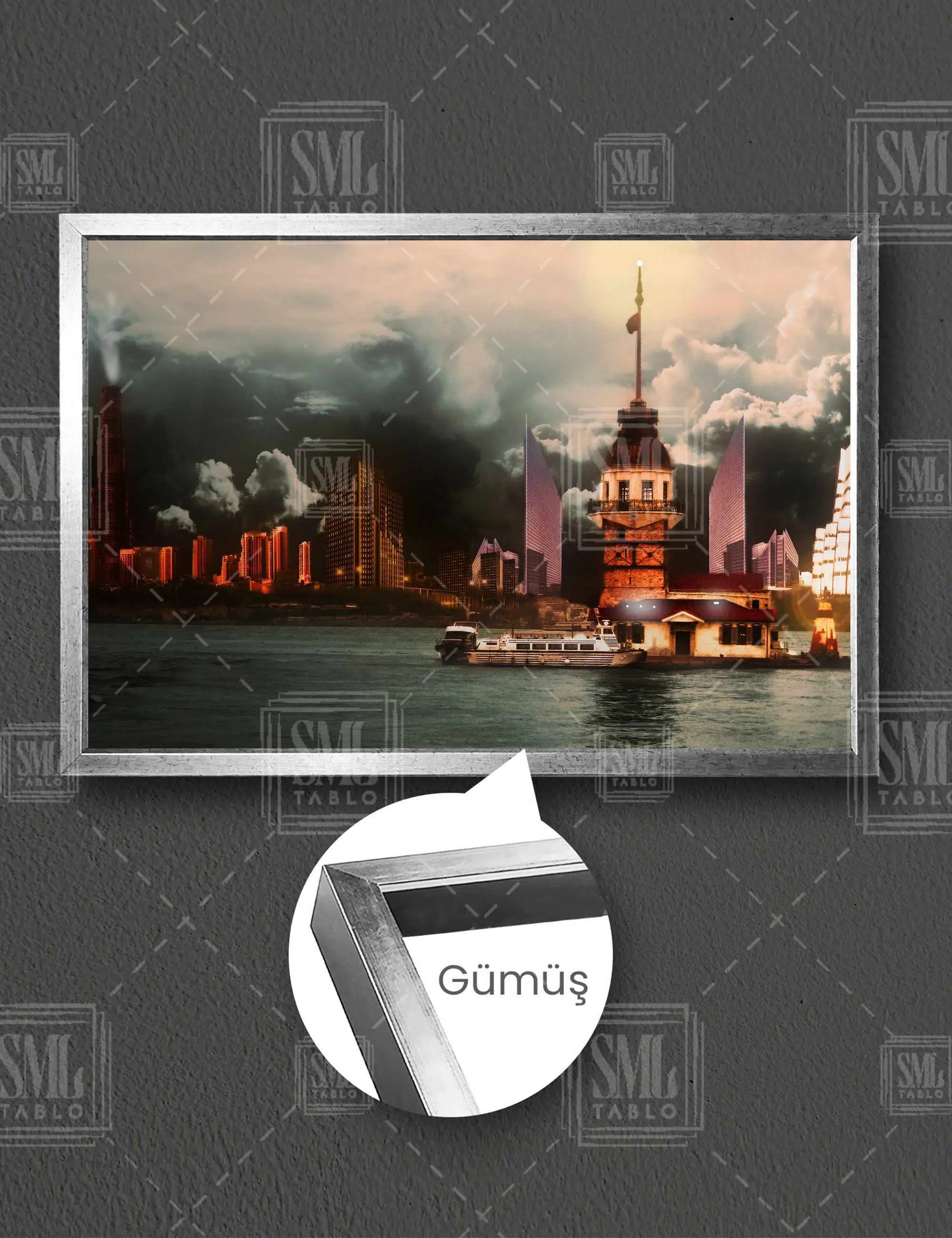 Kız Kulesi İstanbul Yağmur Bulut İstanbul Yatay Çerçeveli Kanvas Tablo - Gümüş