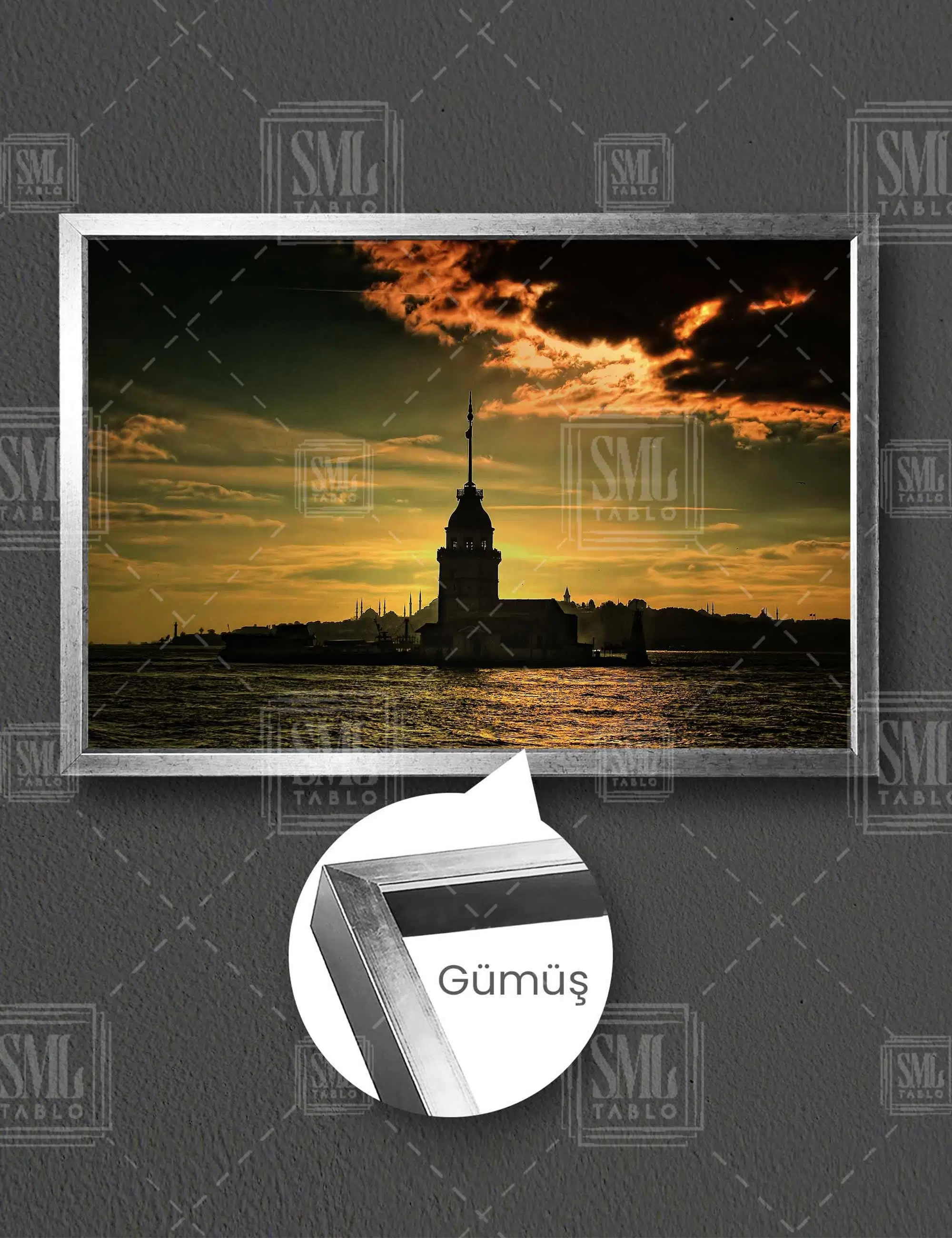 Kız Kulesi İstanbul Boğazı Manzarası Yatay Çerçeveli Kanvas Tablo - Gümüş