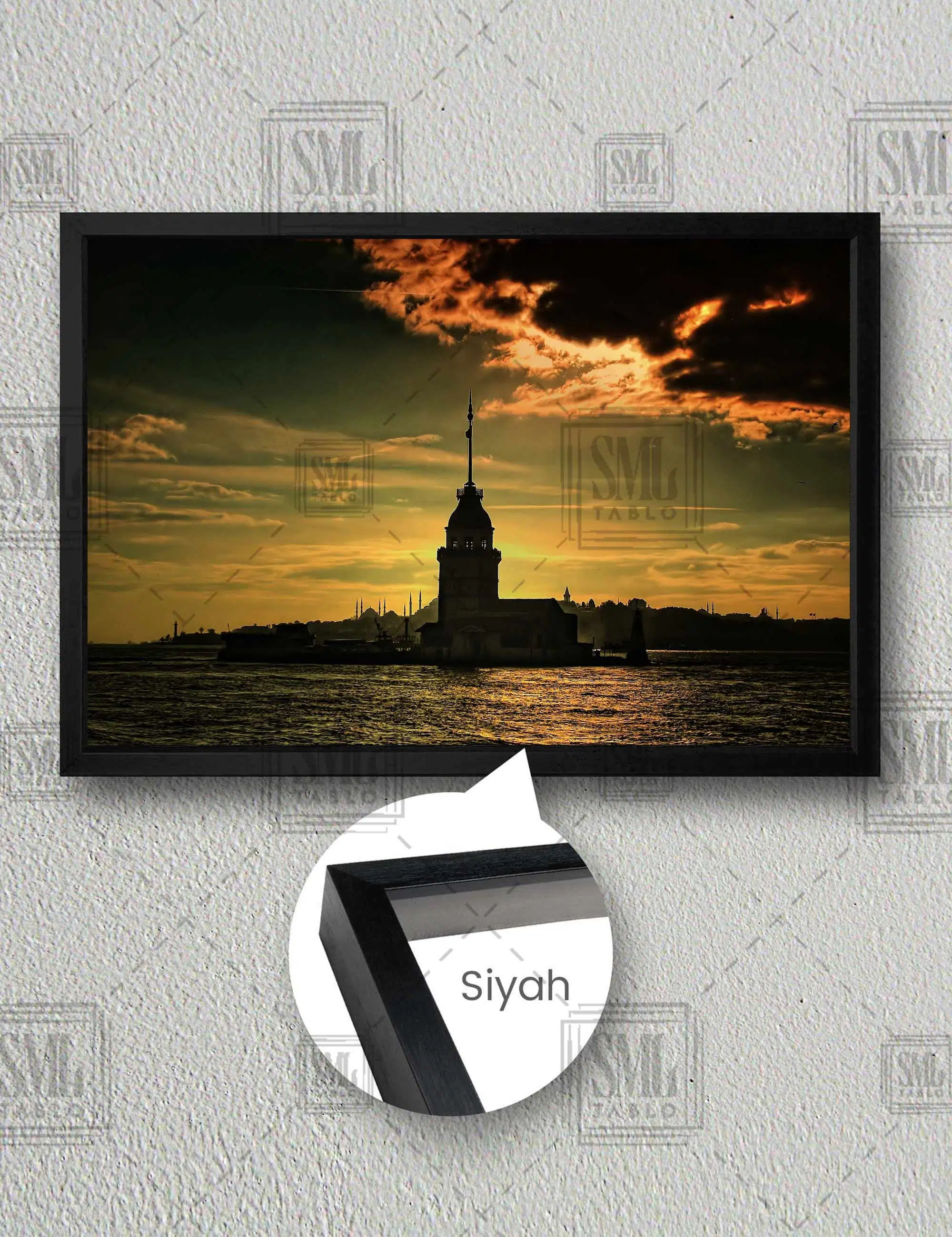 Kız Kulesi İstanbul Boğazı Manzarası Yatay Çerçeveli Kanvas Tablo - Siyah