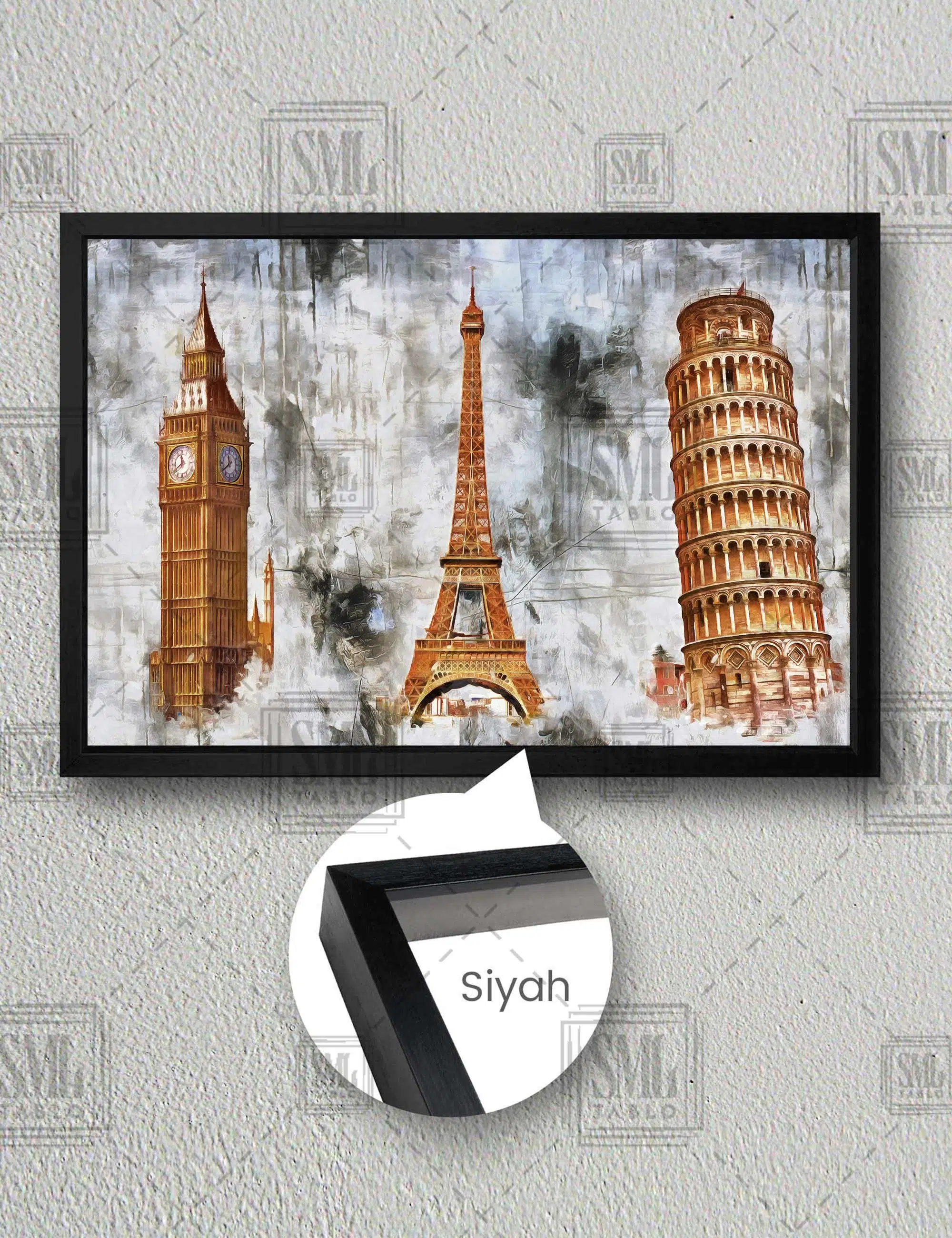 Eyfel Kulesi Paris Saat Kule Yatay Çerçeveli Kanvas Tablo - Siyah