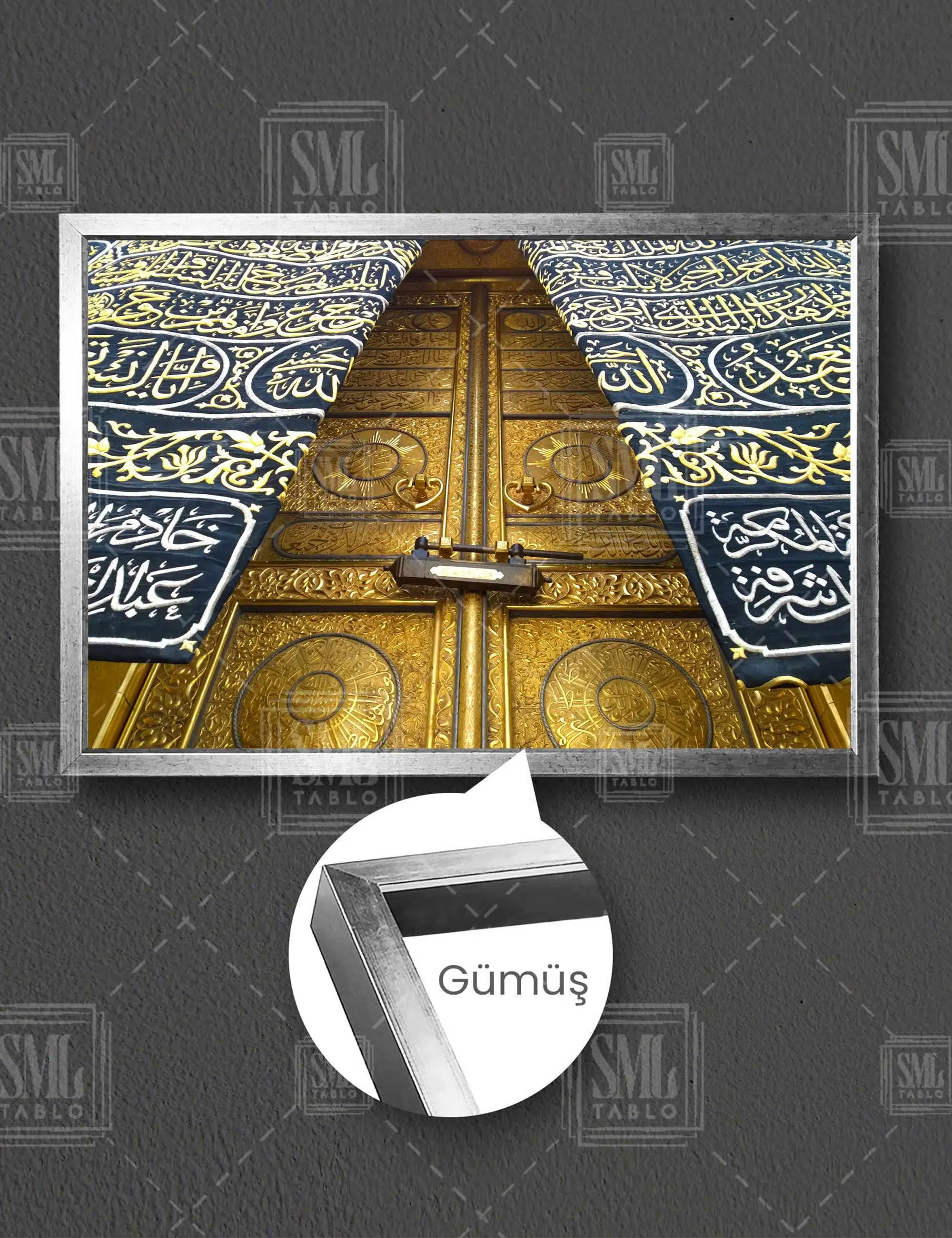 Yakın Çekim Kabe Kapısı Mekke Yatay Çerçeveli Kanvas Tablo - Gümüş