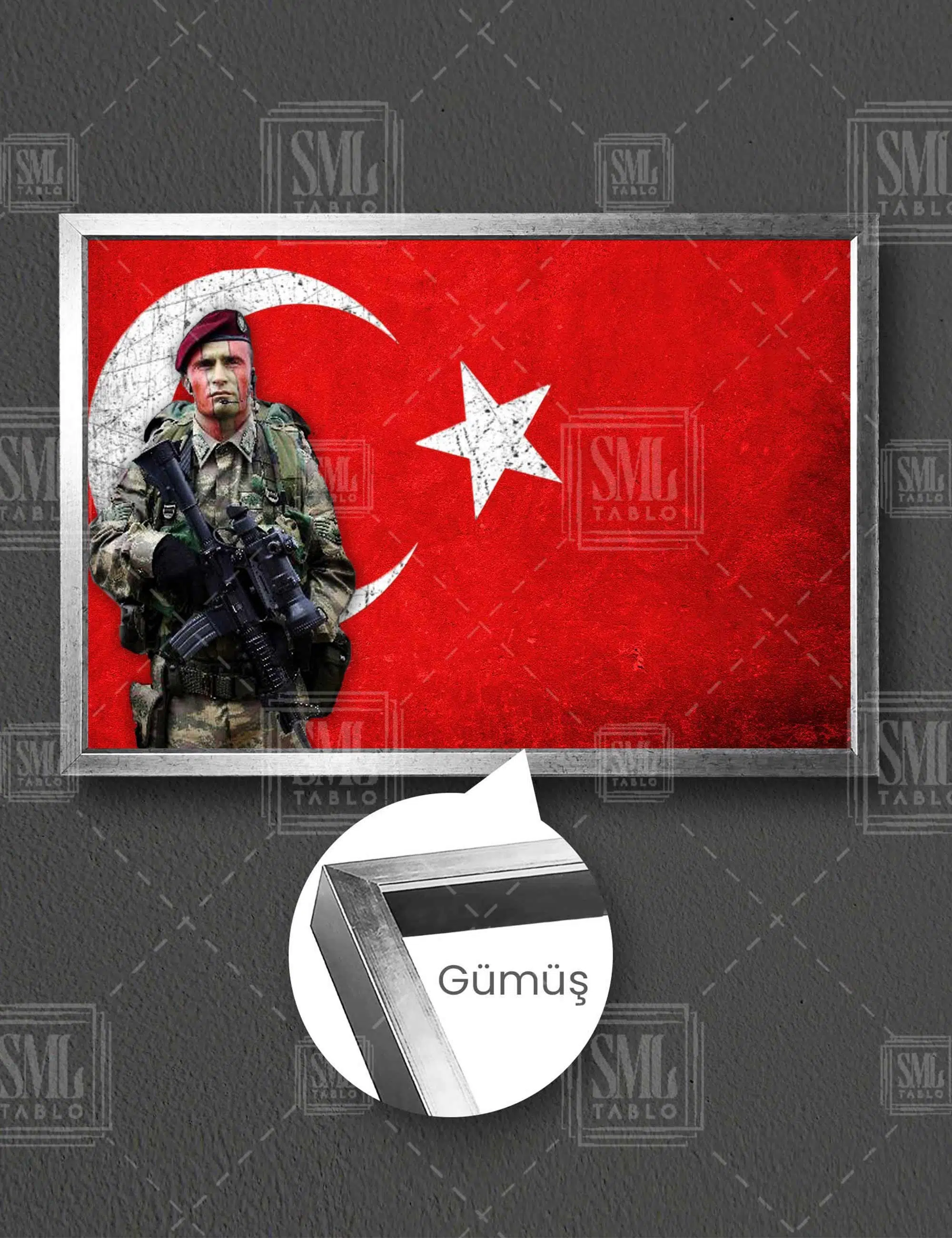 Türk Askeri Türk Bayrağı Bordo Bereli Ay Yıldız Yatay Çerçeveli Kanvas Tablo - Gümüş